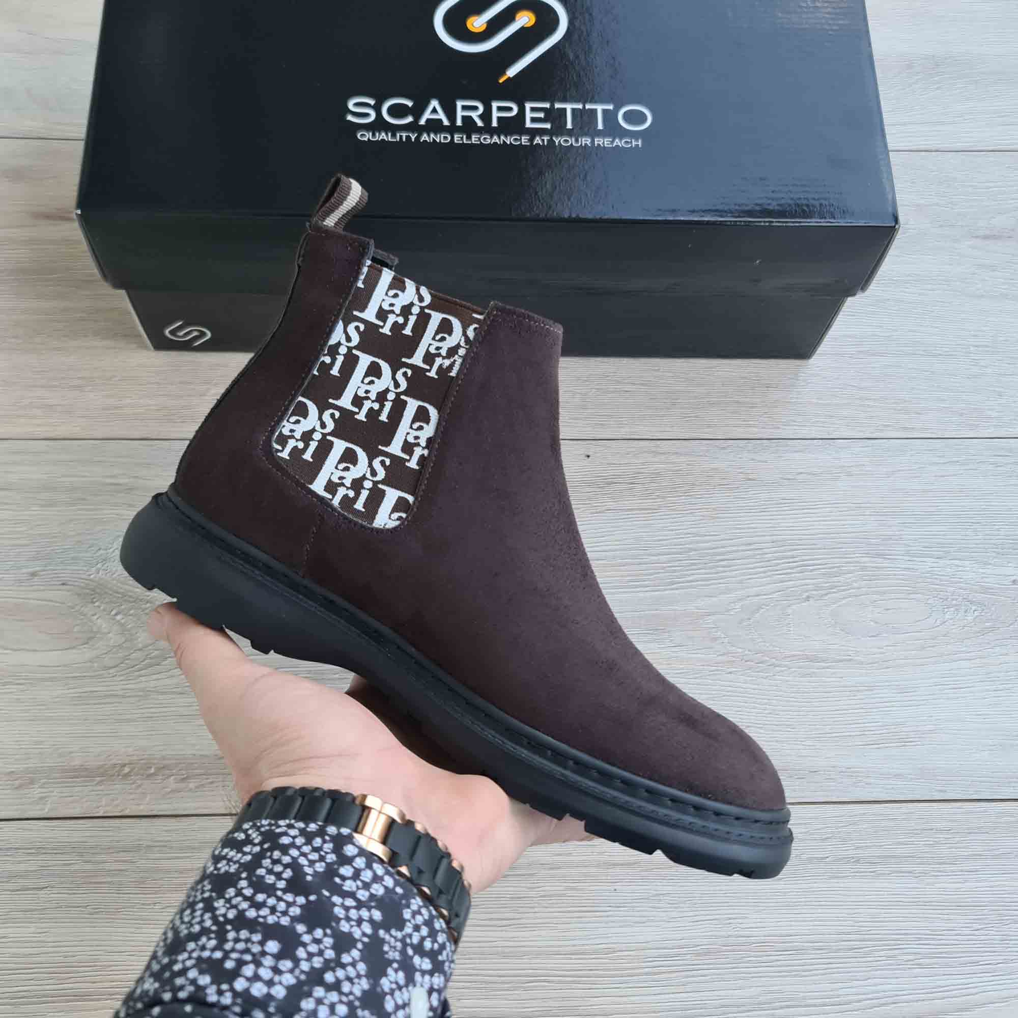 Paris Chocolate Suede Chelsea Boots for Men — front view | Scarpetto