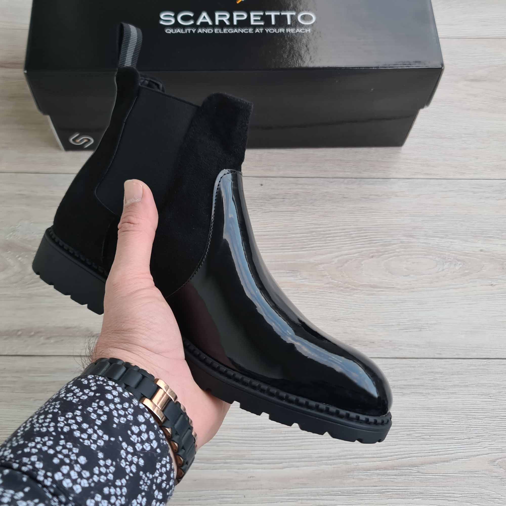 Splito Split Suede Patent Chelsea Boots for Men — three-quarter view | Scarpetto