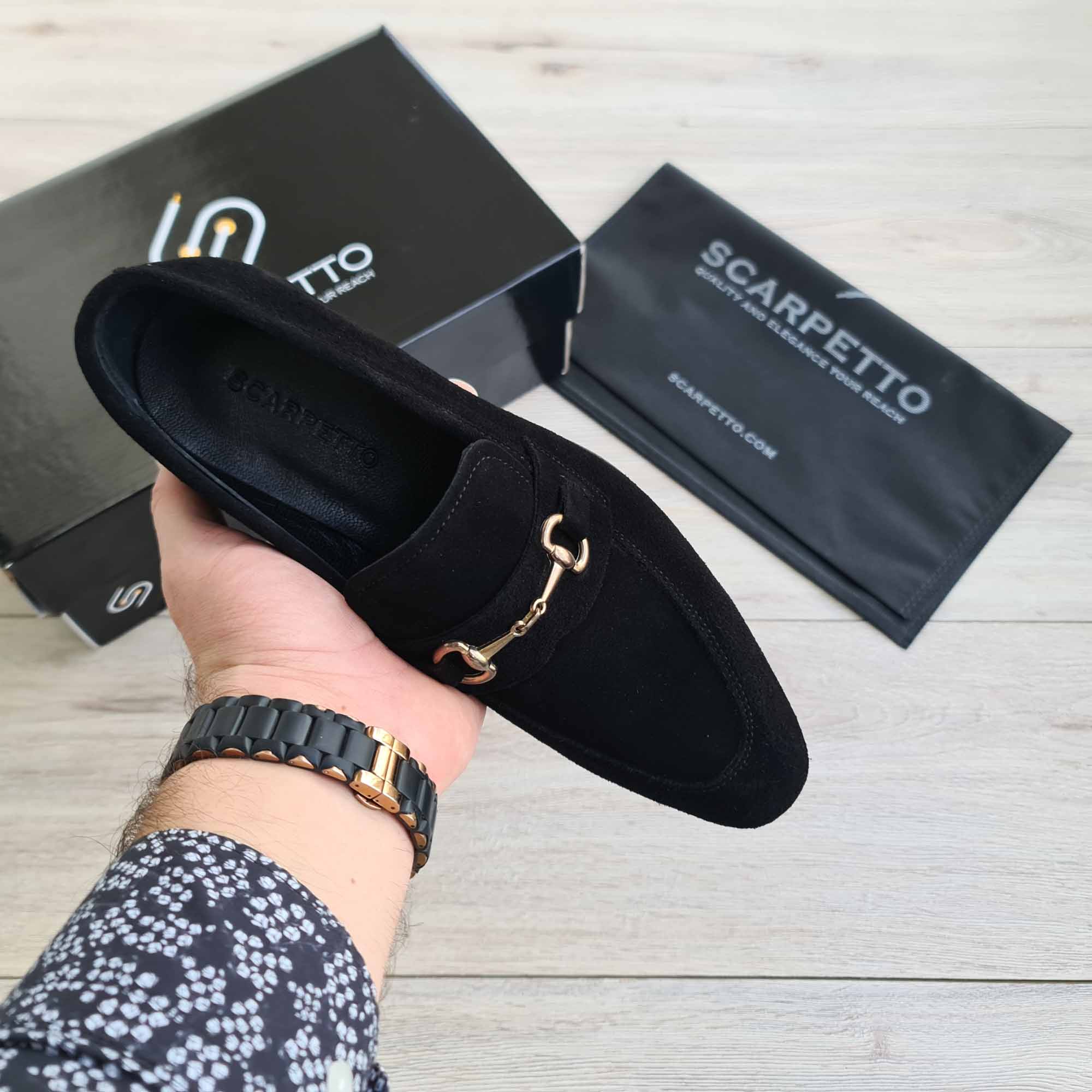 Dario Svelte Black Suede Horsebit Loafer — three-quarter view | Scarpetto