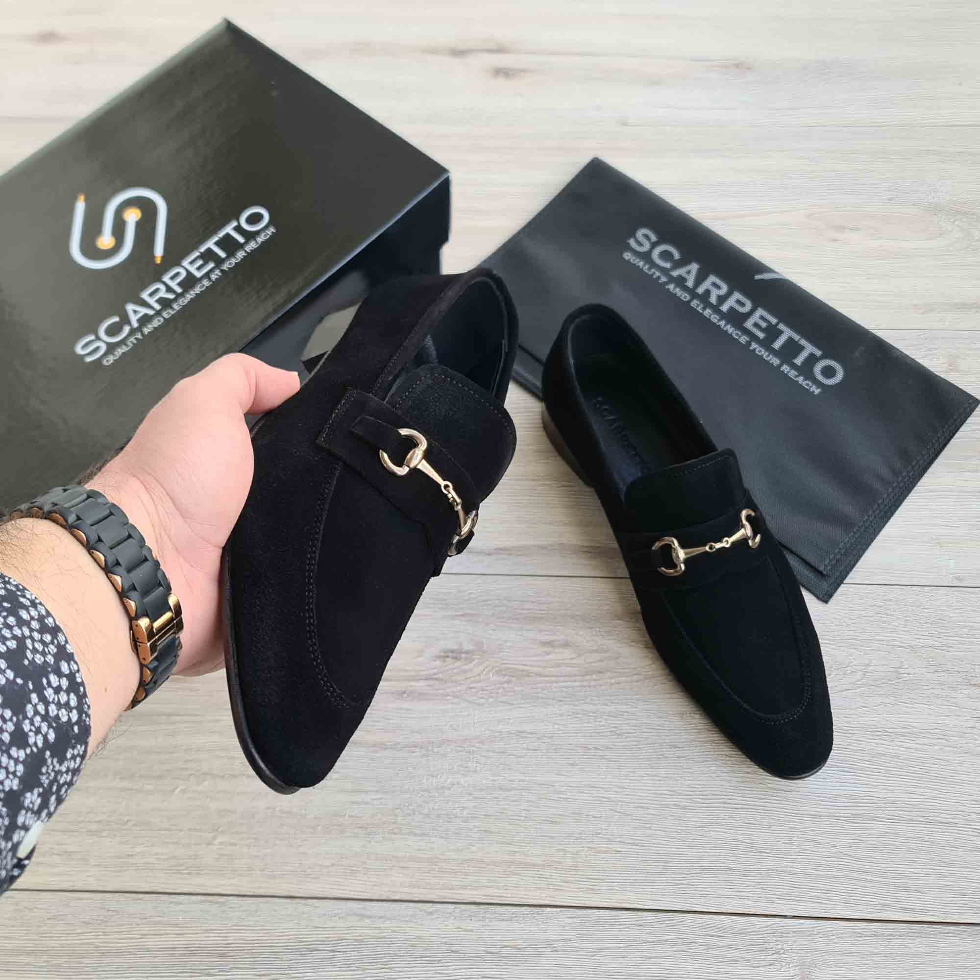 Dario Svelte Black Suede Horsebit Loafer — front view | Scarpetto