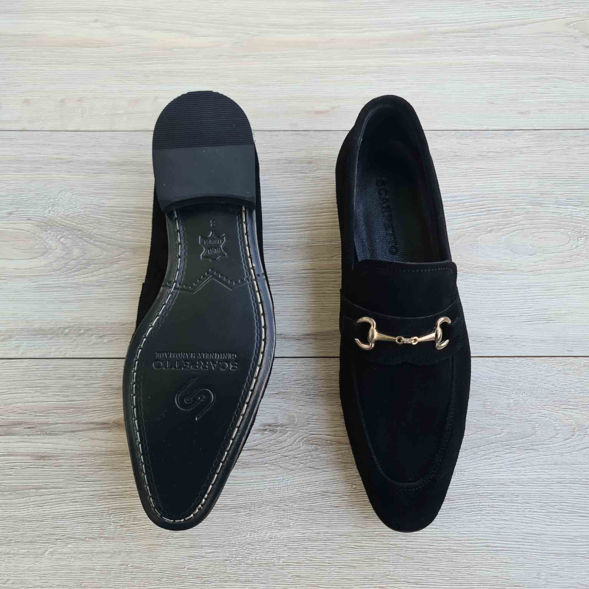 Dario Svelte Black Suede Horsebit Loafer — top view | Scarpetto