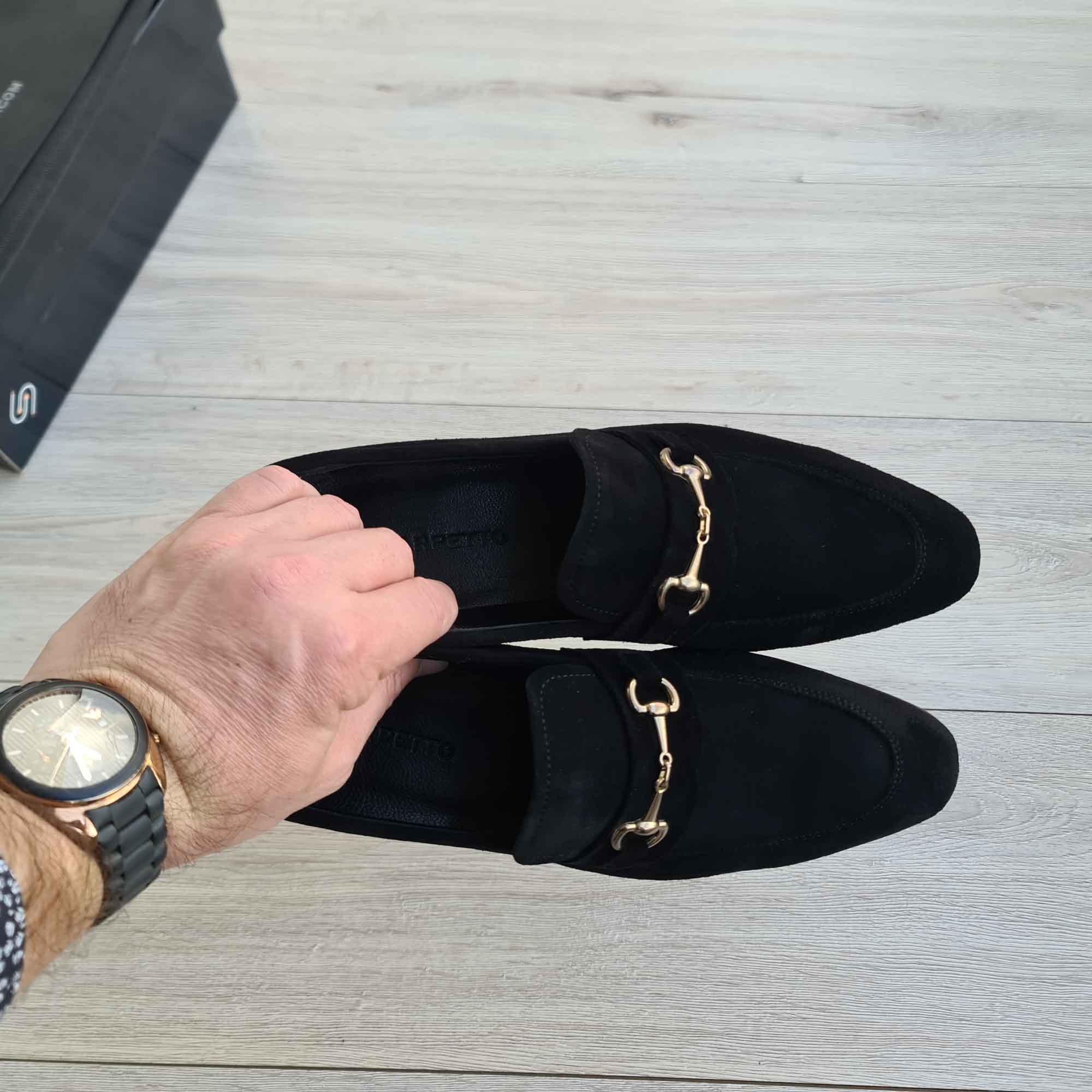 Dario Svelte Black Suede Horsebit Loafer — side view | Scarpetto