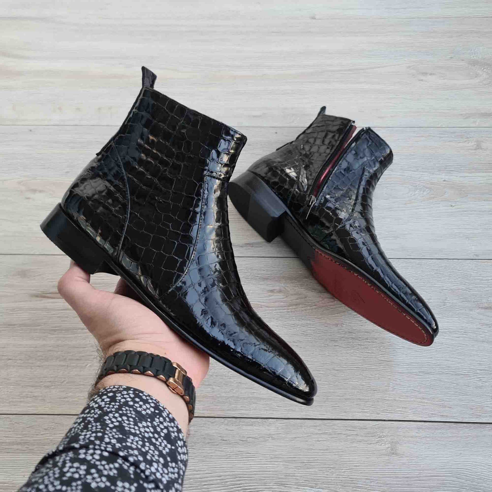 Raphael Black Men's Chelsea Croco Patent Leather Boots Red Sole