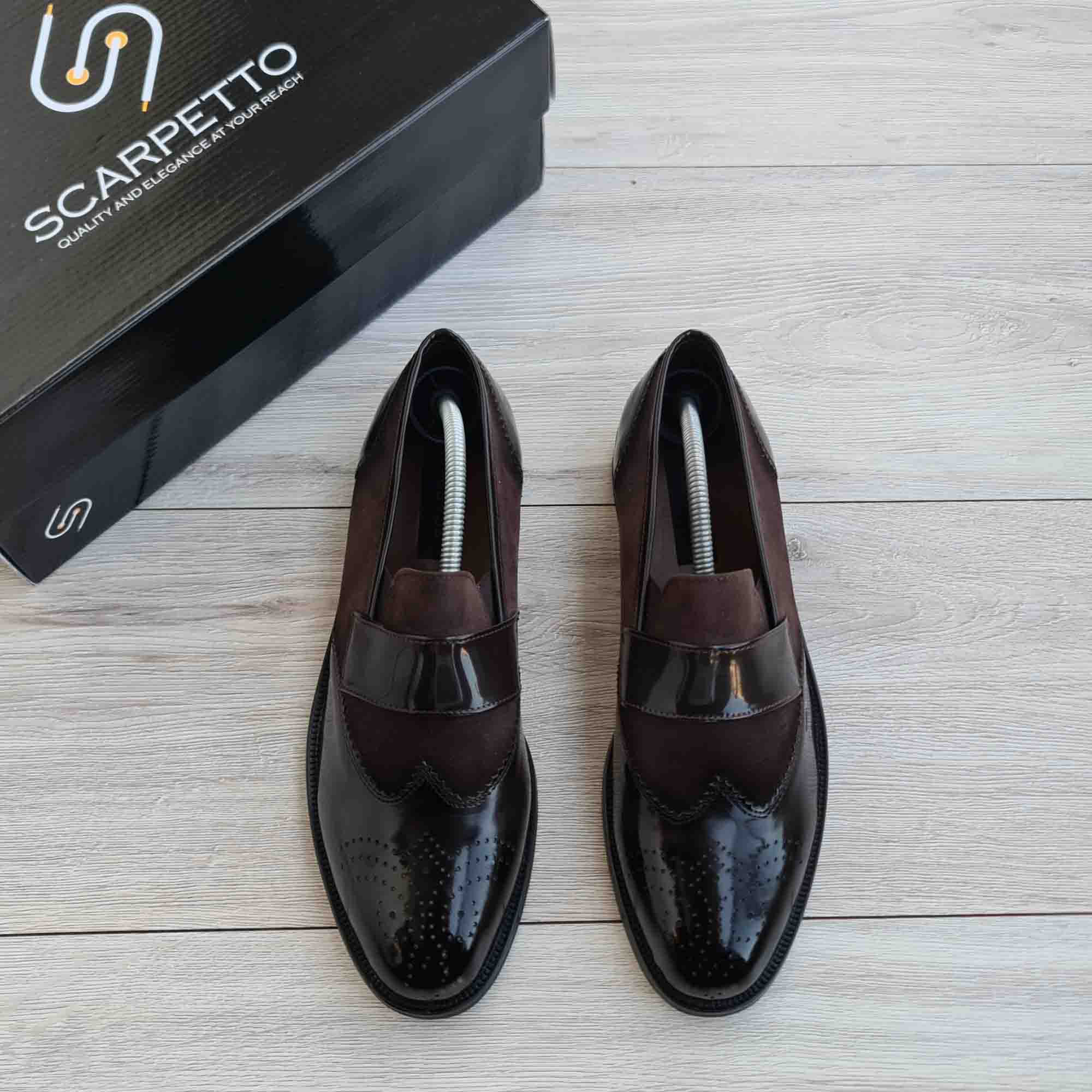 Nerano Split Brown Patent Brogue Men's Loafer — sole detail | Scarpetto