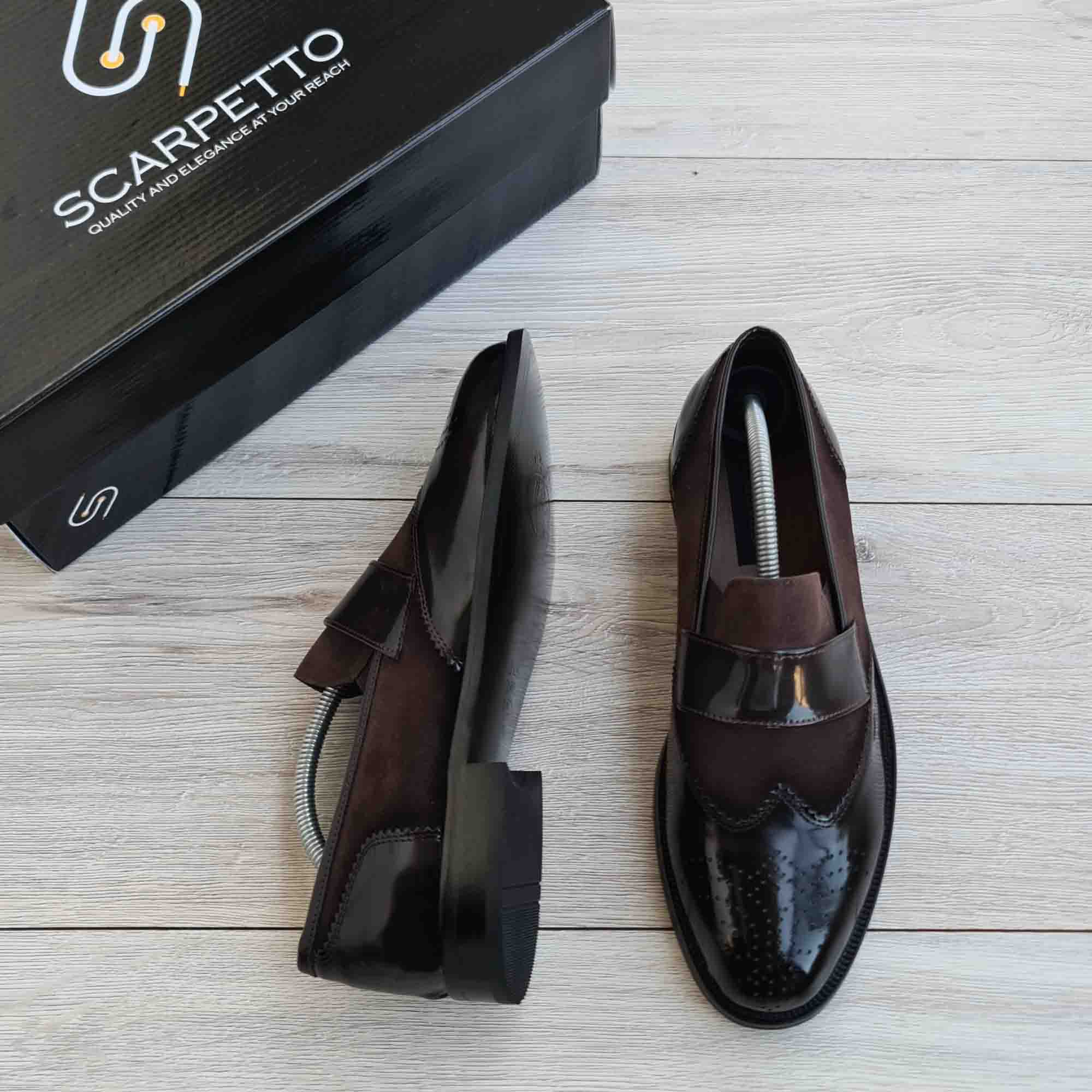 Nerano Split Brown Patent Brogue Men's Loafer — heel detail | Scarpetto