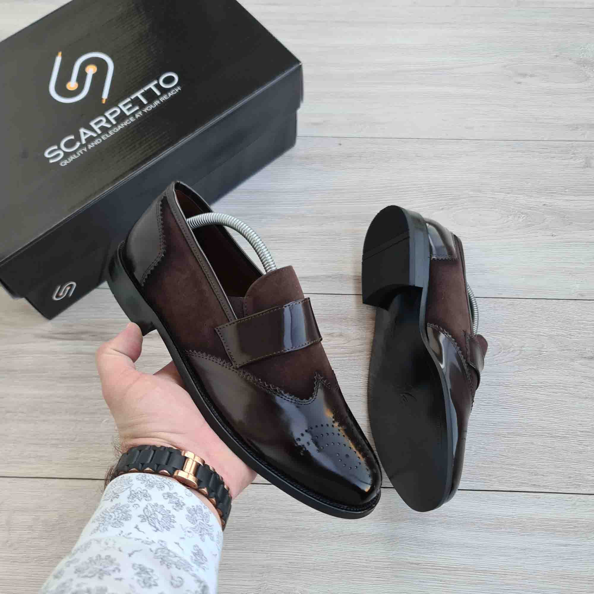 Nerano Split Brown Patent Brogue Men's Loafer — side view | Scarpetto