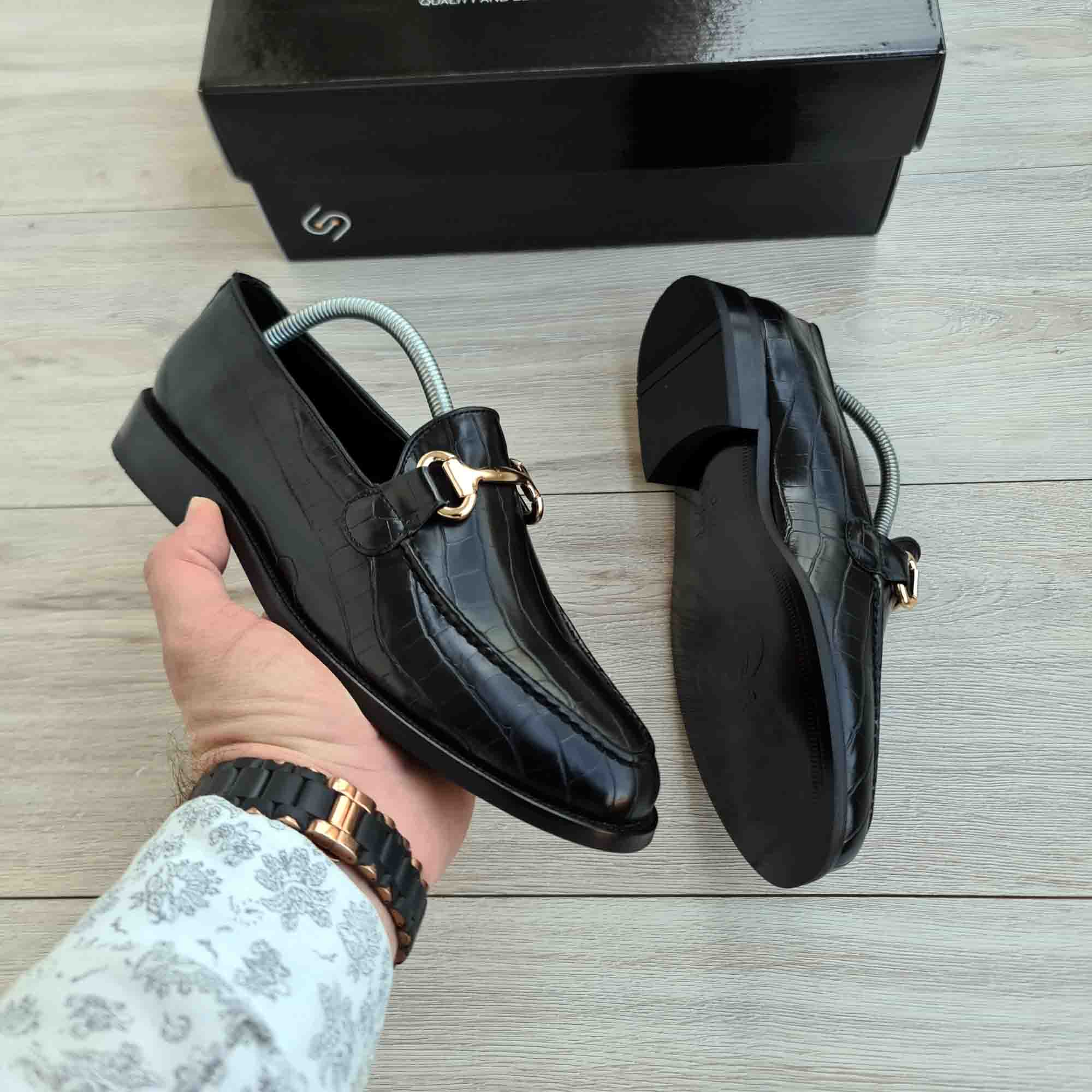 Cavalloro Croco Black Leather Horsebit Loafer — front view | Scarpetto