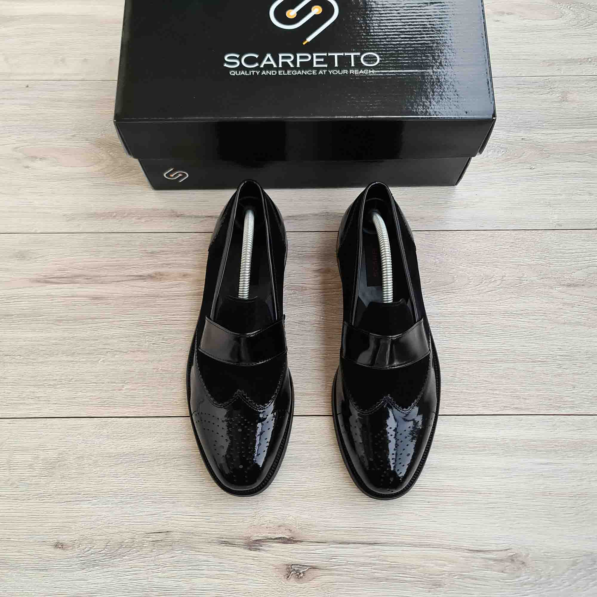 Nerano Split Black Patent Brogue Men's Loafer — sole detail | Scarpetto