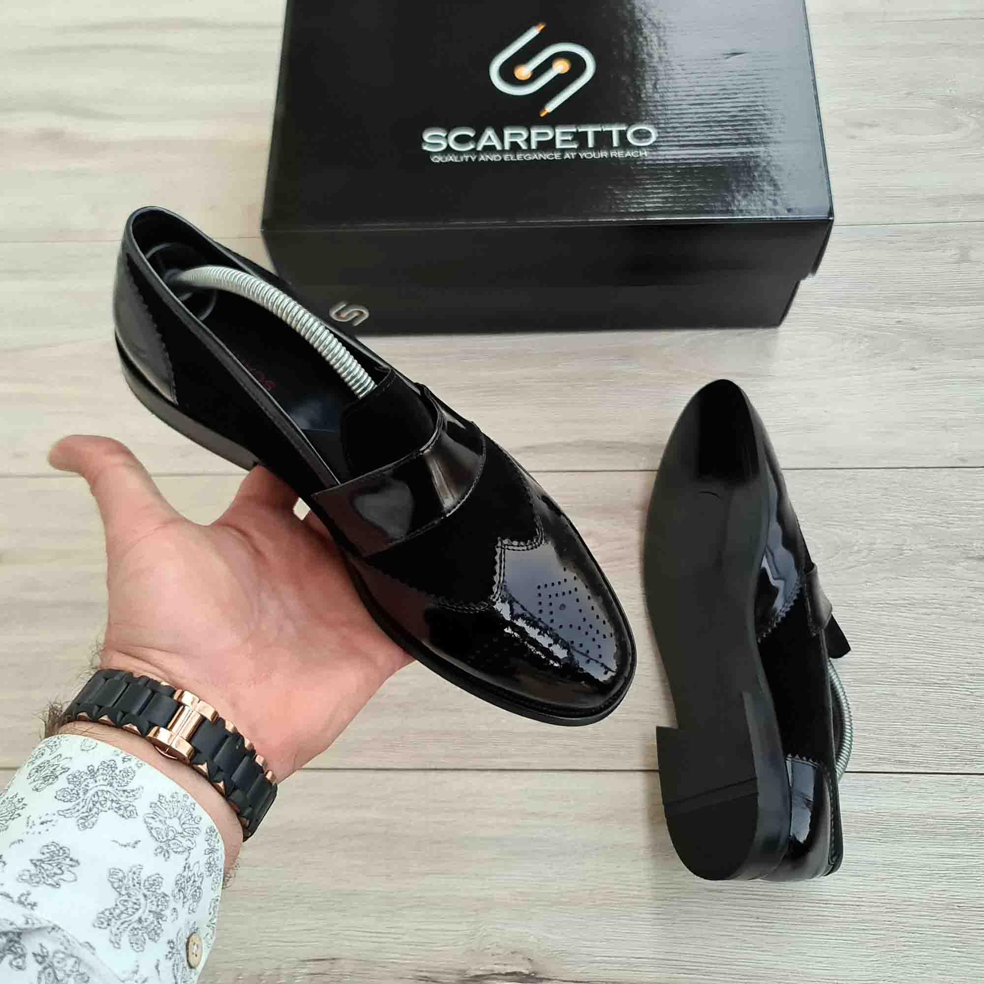 Nerano Split Black Patent Brogue Men's Loafer — front view | Scarpetto