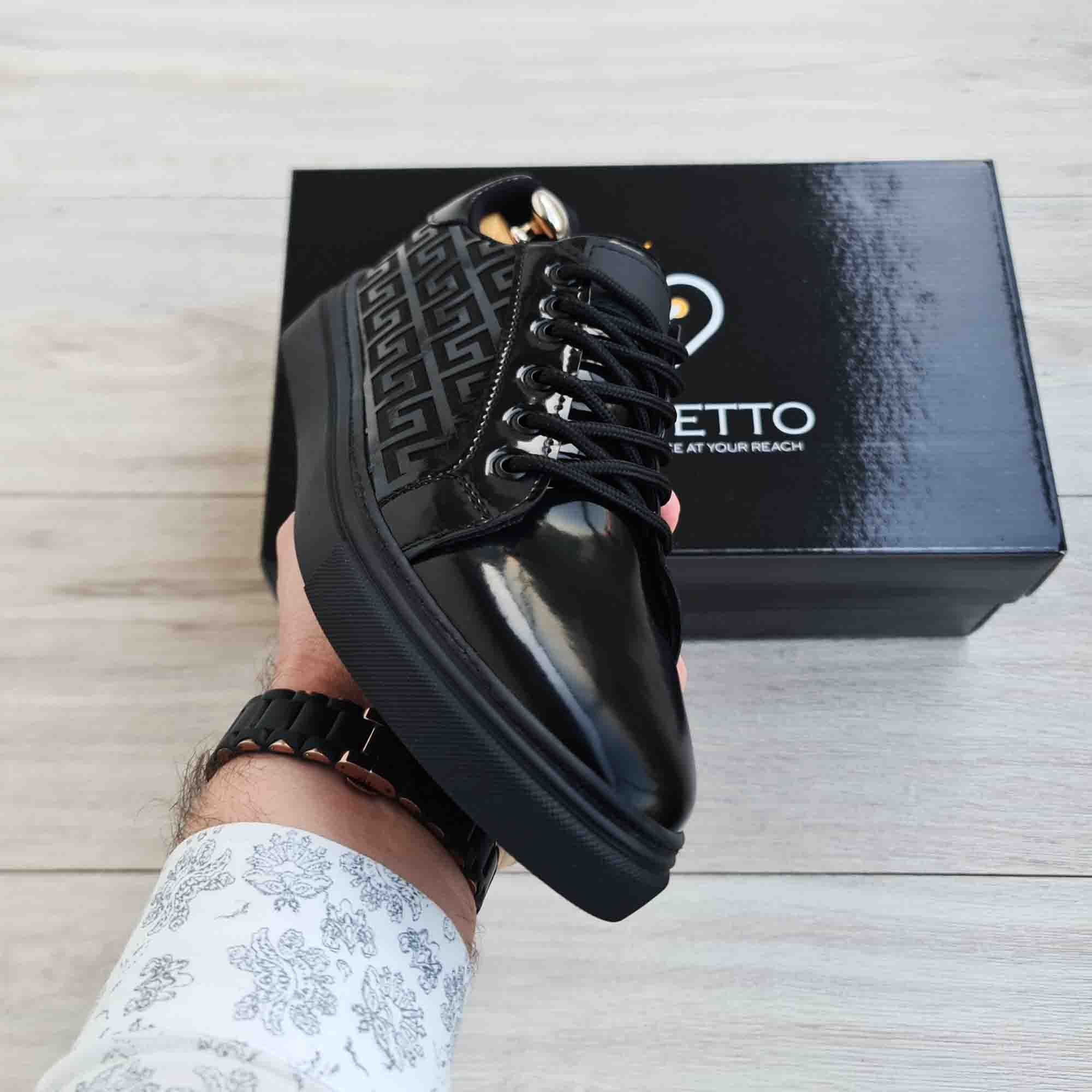 Greek Key Patent Leather Men's Sneaker — heel detail | Scarpetto