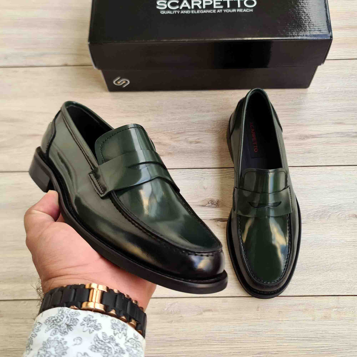 GALET Men\'s Patent Slip-On Loafers  Forrest Green Size FR 43 / US 10 Adler Dark Green Patent Leather Penny Loafers main image 2