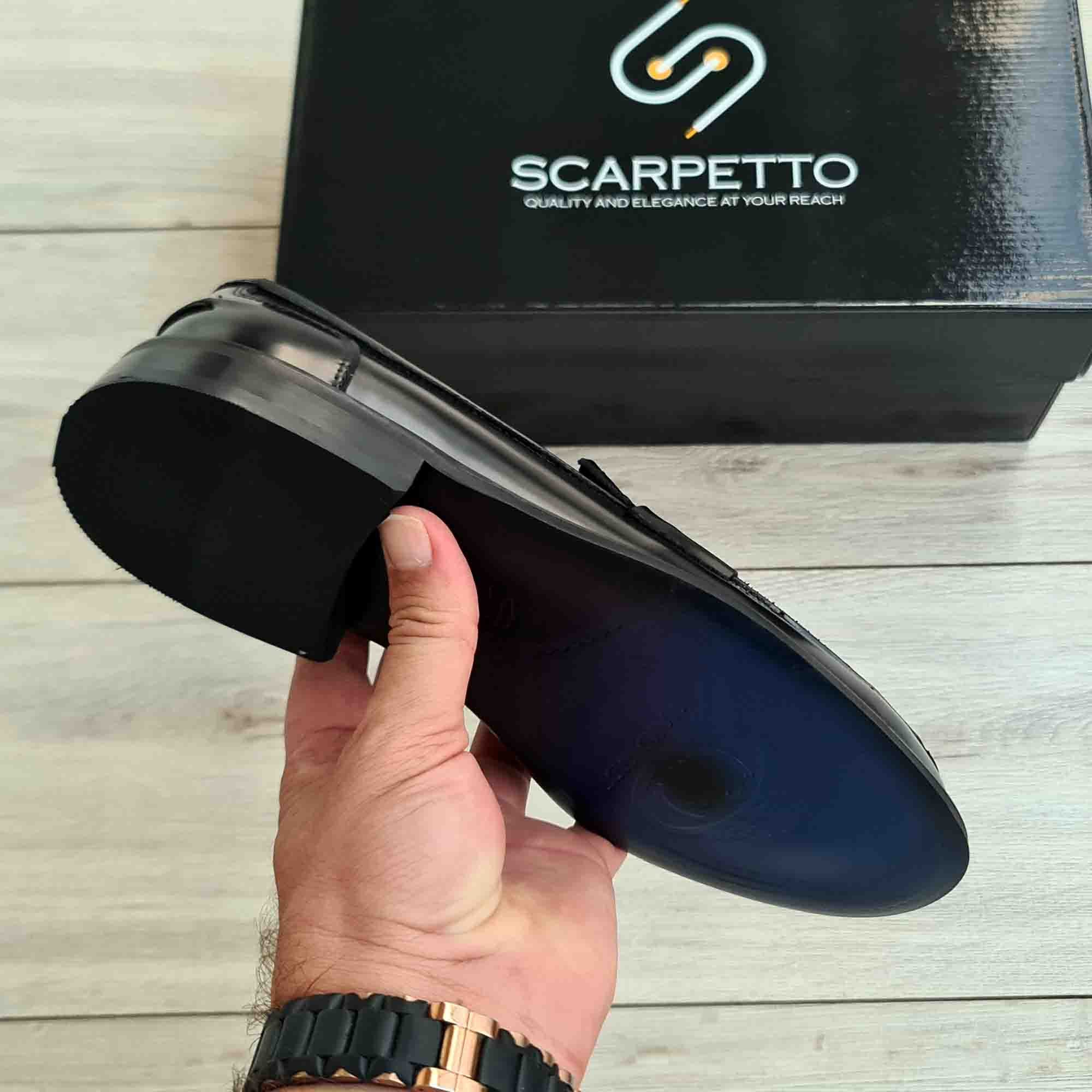 Verdeon Black Patent Leather Penny Loafer — three-quarter view | Scarpetto