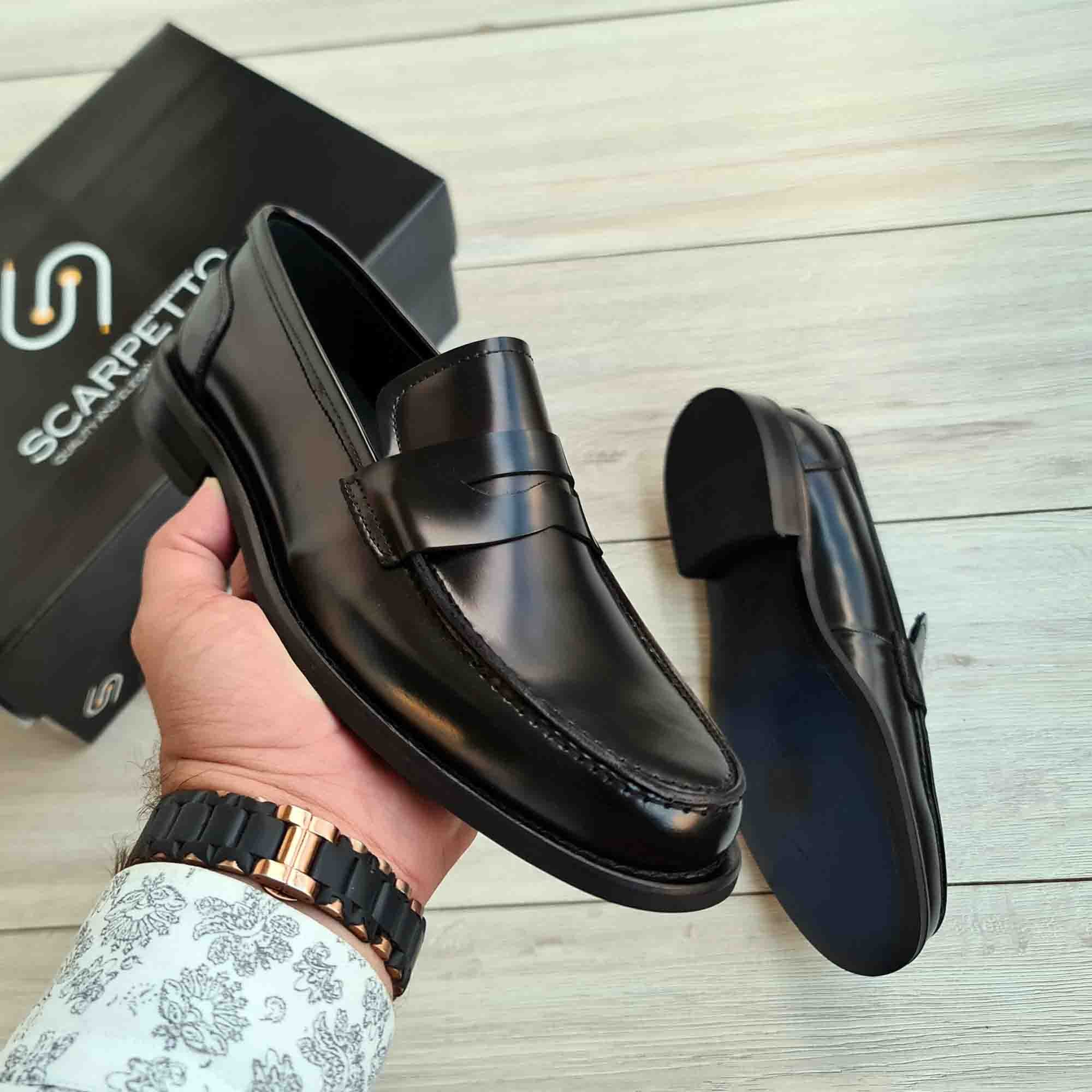 Verdeon Black Patent Leather Penny Loafer — side view | Scarpetto