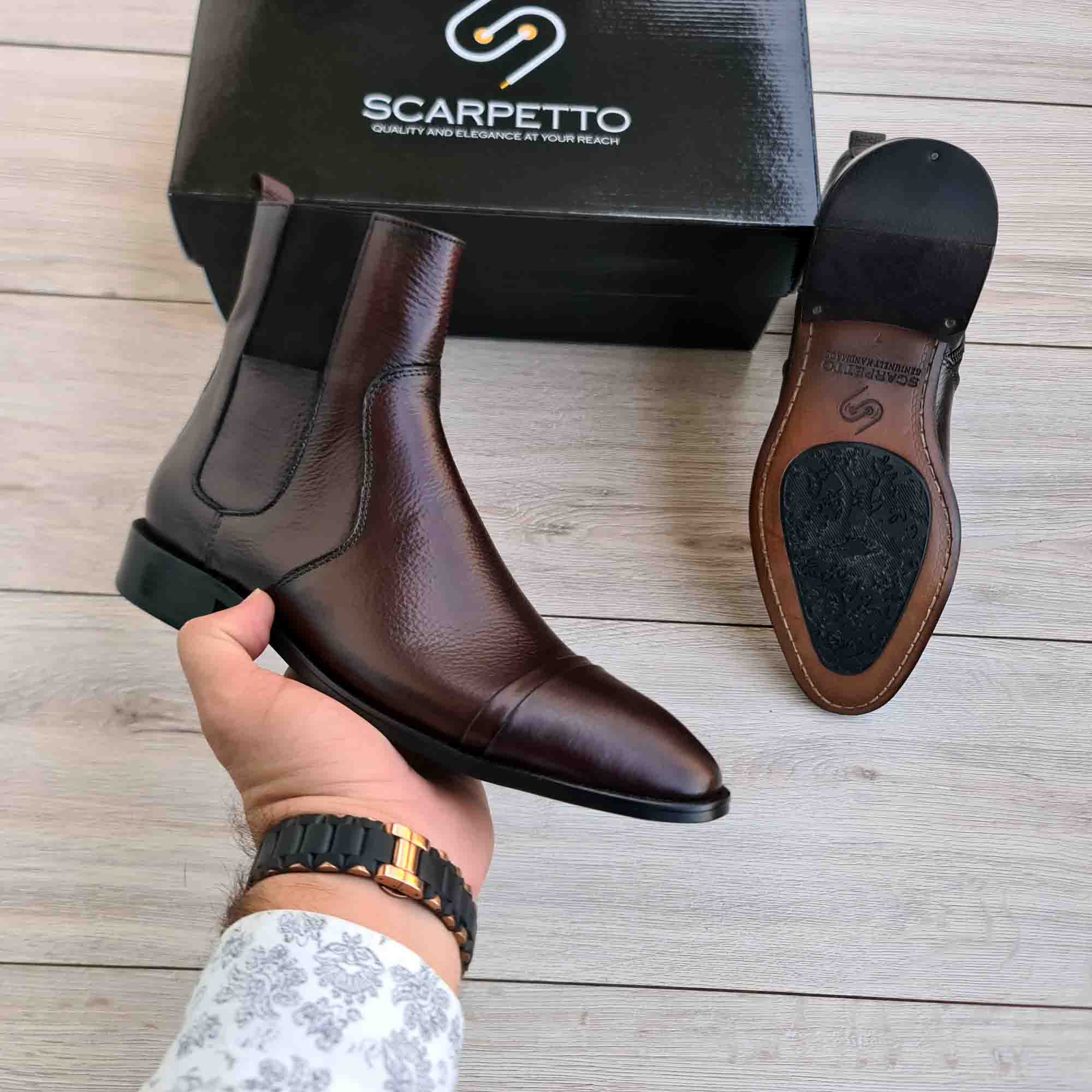Brunello Pecan Brown Leather Men's Chelsea Boots — three-quarter view | Scarpetto