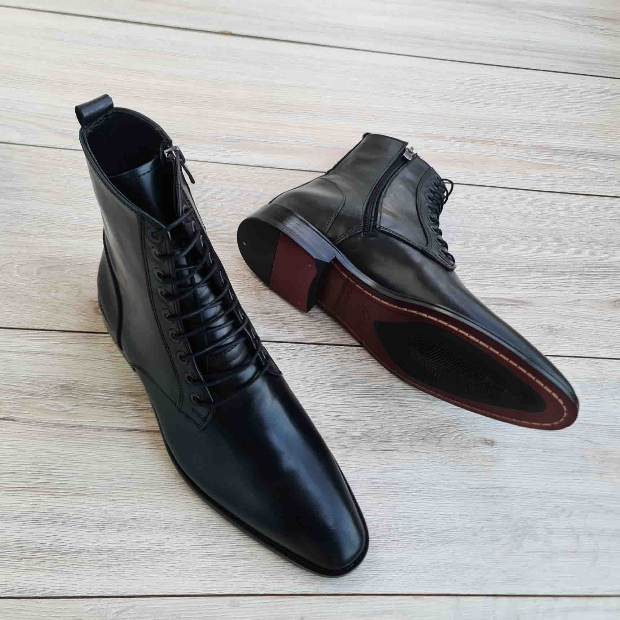 Windsor Black Leather Lace-Up Ankle Boots — three-quarter view | Scarpetto