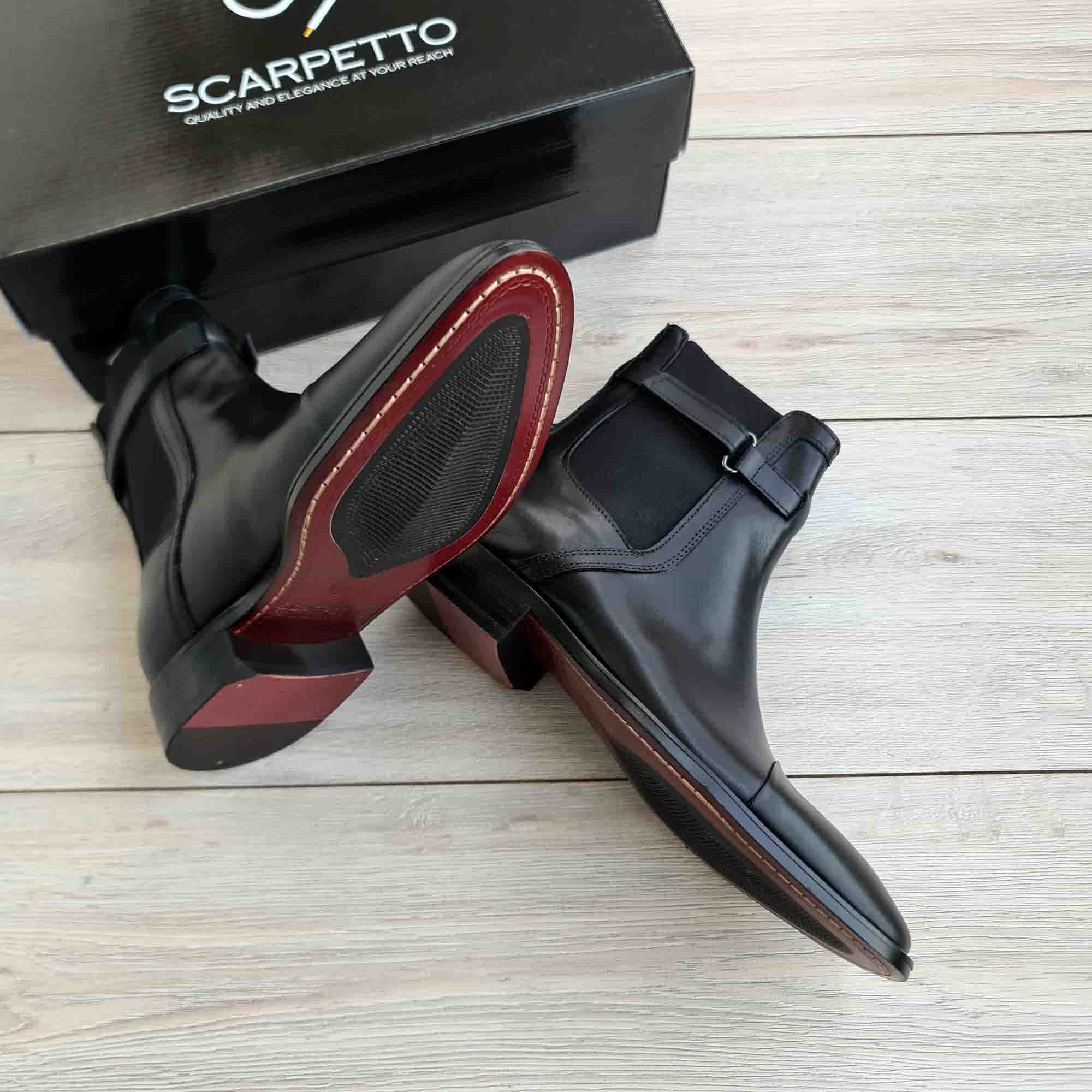 Black Leather Buckle Chelsea Boots for Men — top view | Scarpetto