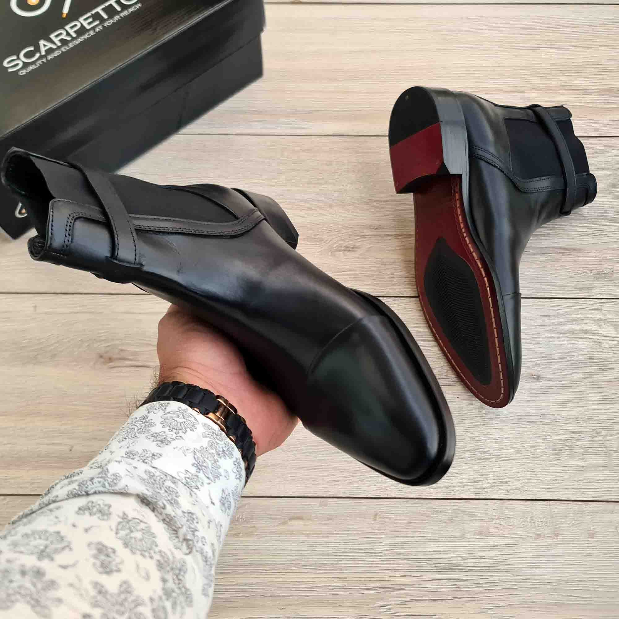 Black Leather Buckle Chelsea Boots for Men — sole detail | Scarpetto