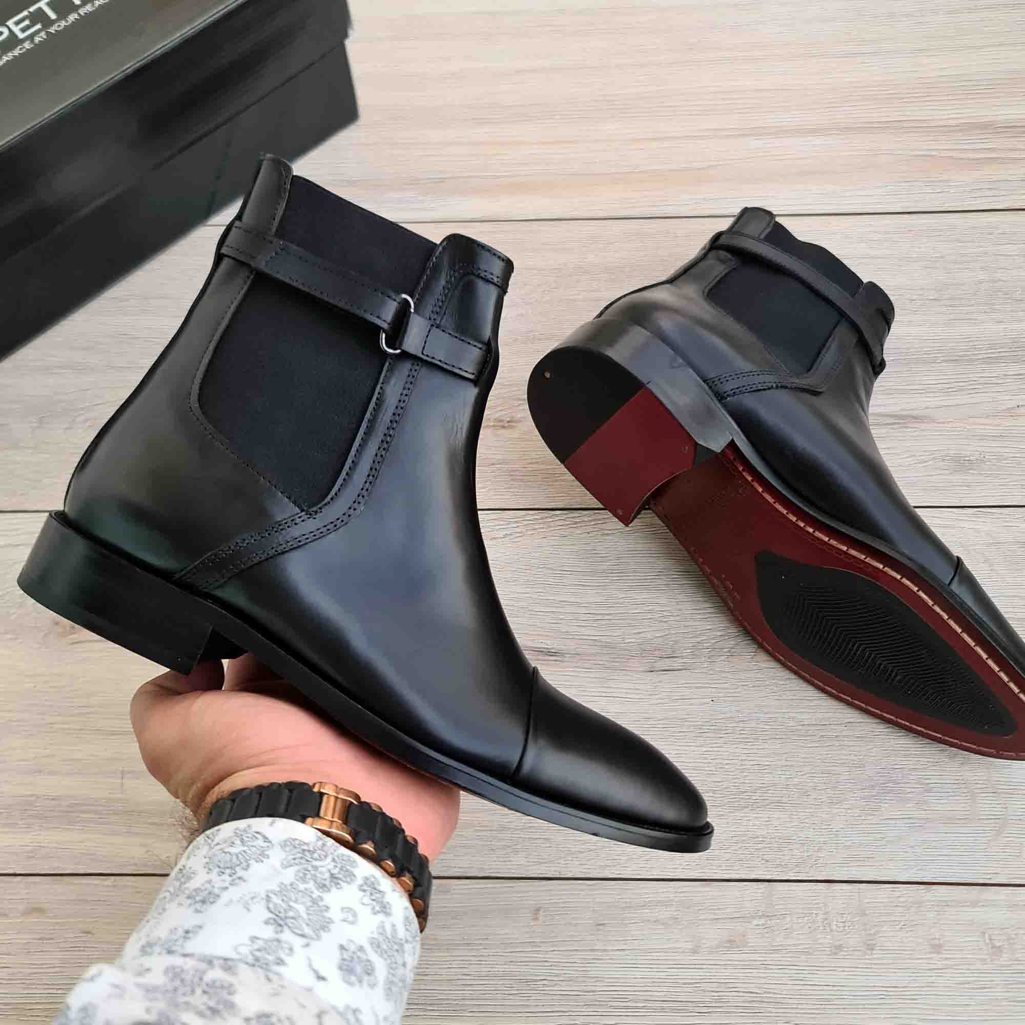 Black Leather Buckle Chelsea Boots for Men — heel detail | Scarpetto