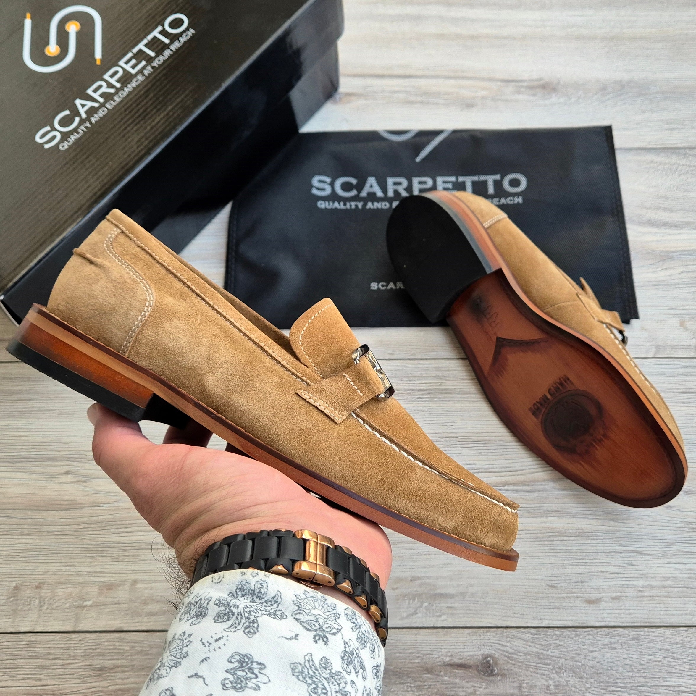 Veltrano Camel Suede Men's Loafer — side view | Scarpetto
