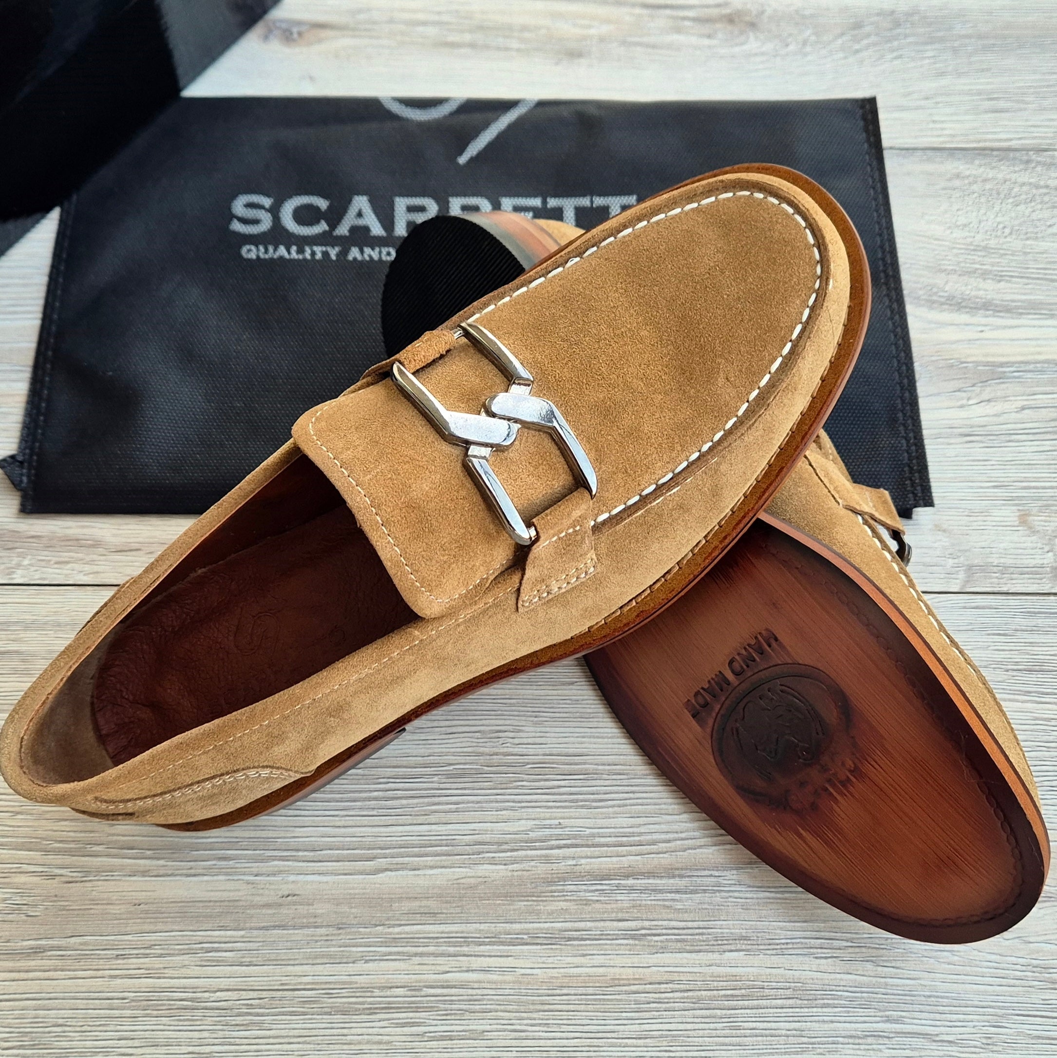 Veltrano Camel Suede Men's Loafer — top view | Scarpetto