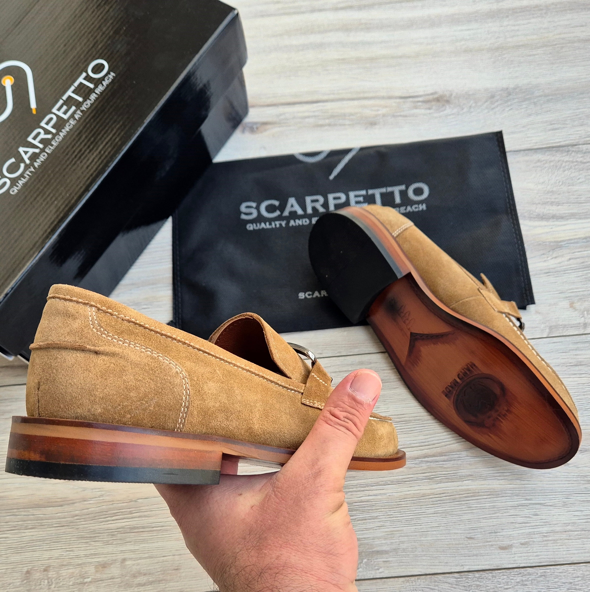 Veltrano Camel Suede Men's Loafer — toe detail | Scarpetto