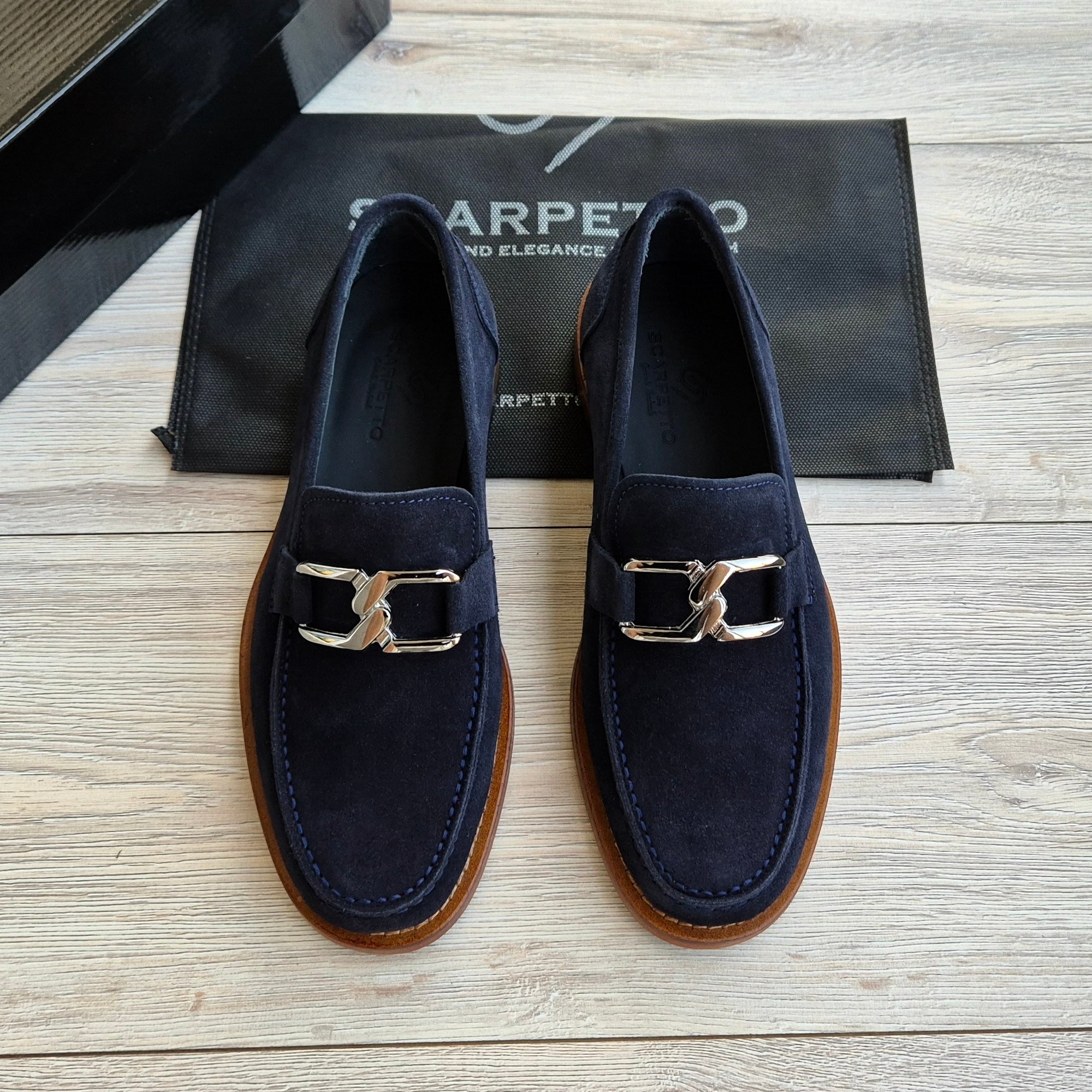 Veltrano Navy Suede Men's Loafer — side view | Scarpetto