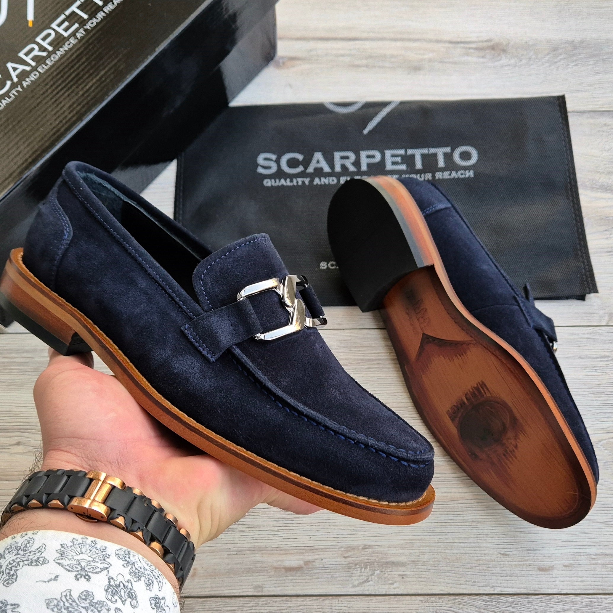 Veltrano Navy Suede Men's Loafer — three-quarter view | Scarpetto