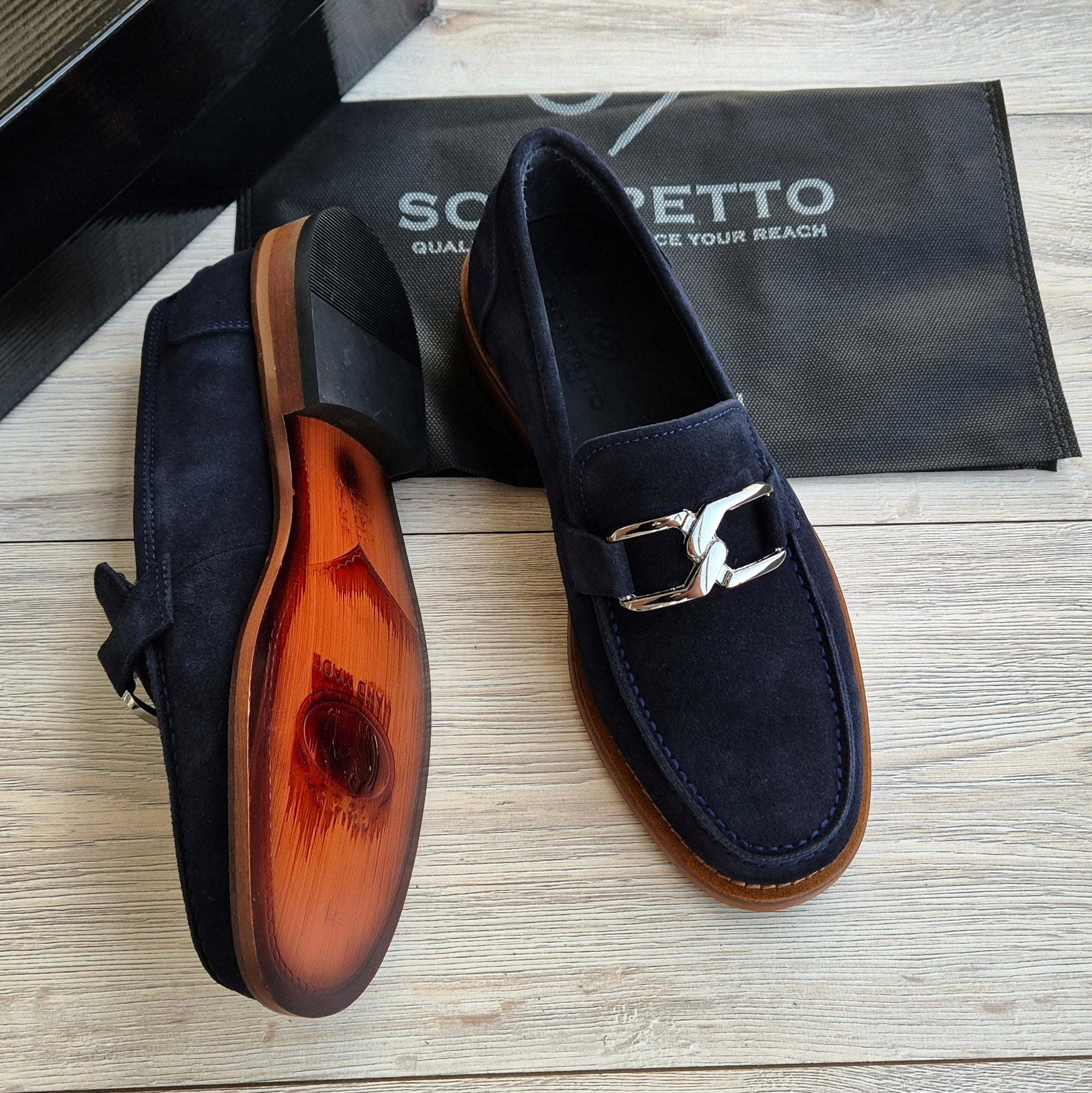 Veltrano Navy Suede Men's Loafer — top view | Scarpetto