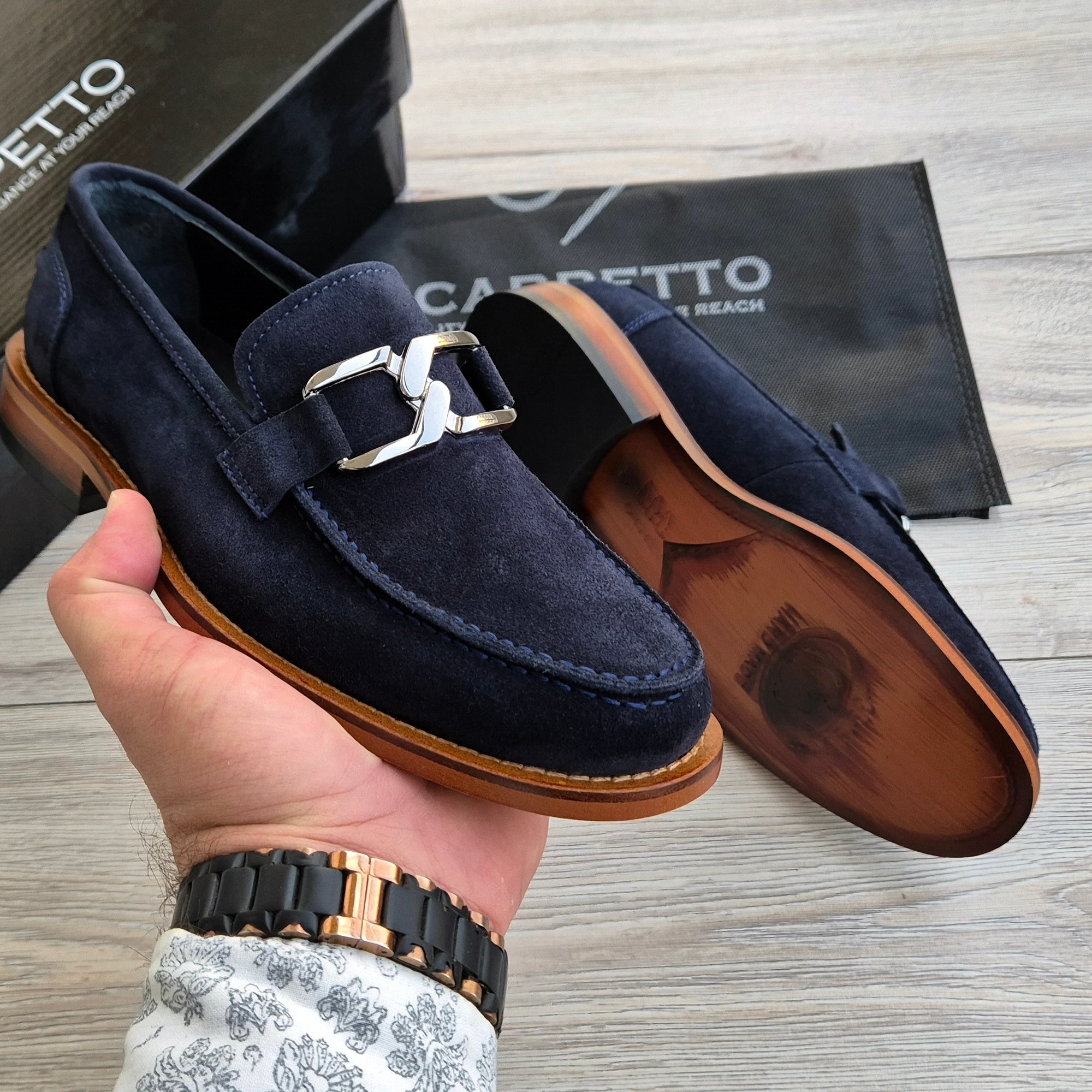 Veltrano Navy Suede Men's Loafer — front view | Scarpetto