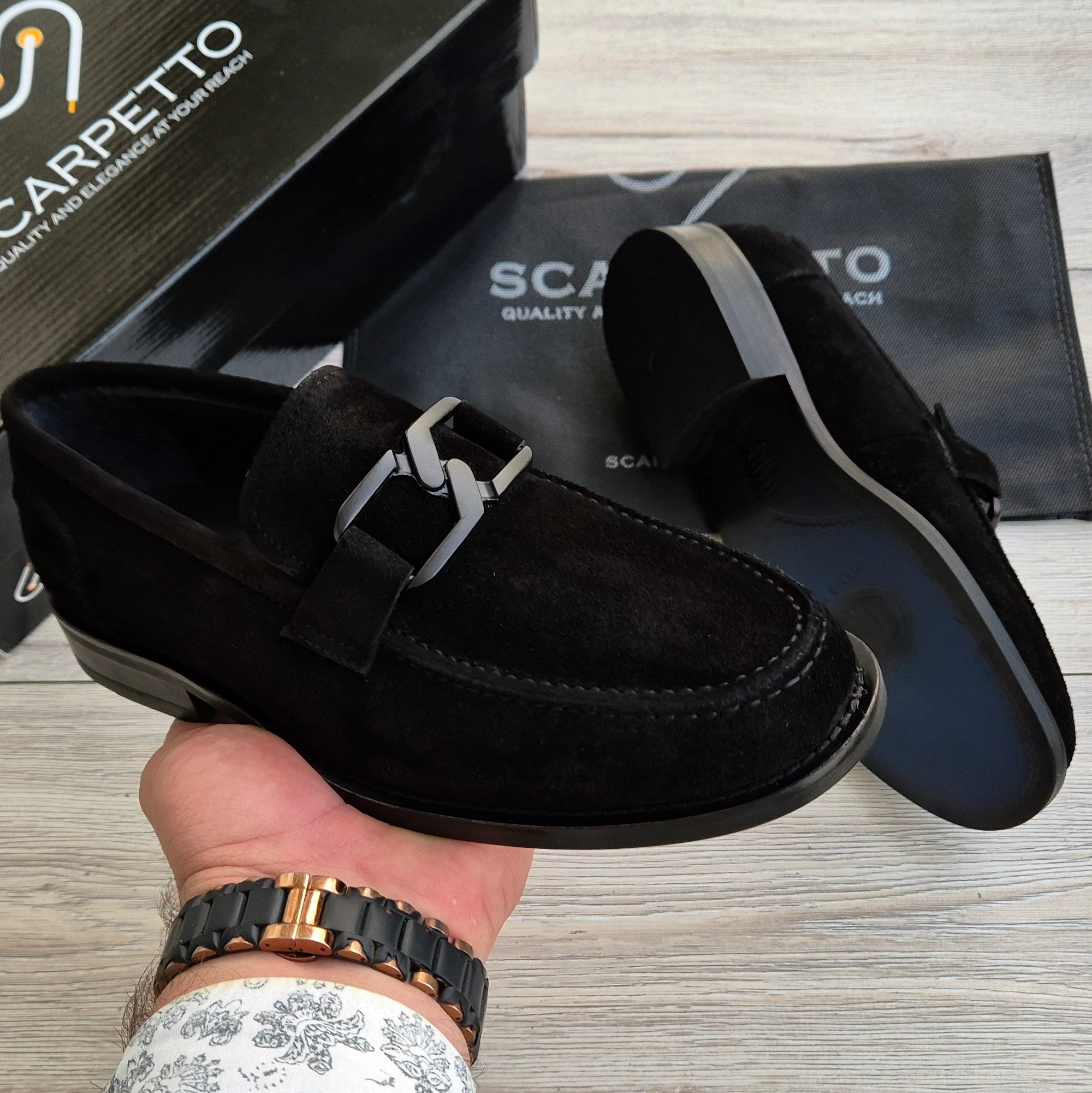 Veltrano Black Suede Men's Loafer — top view | Scarpetto