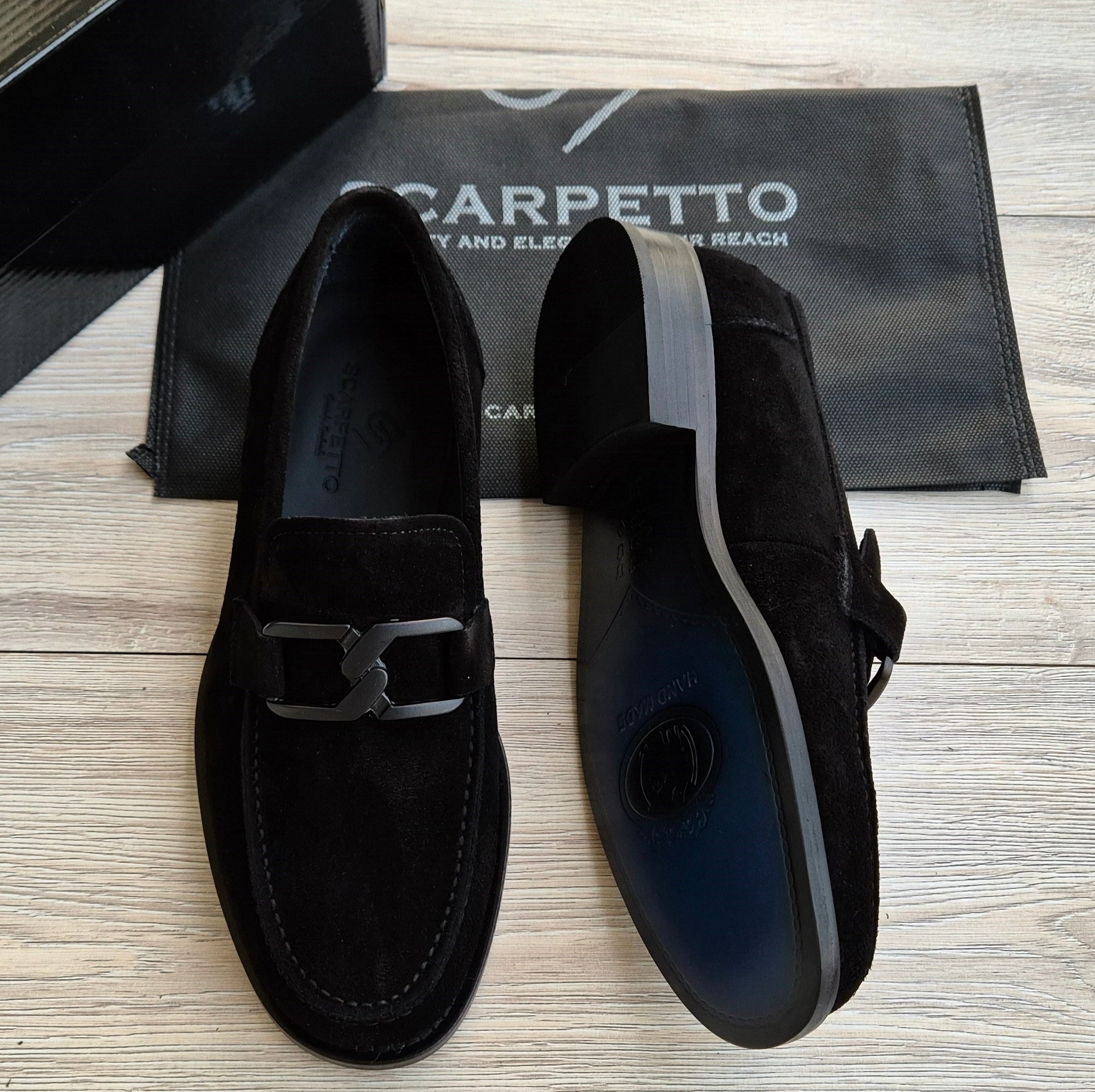 Veltrano Black Suede Men's Loafer — sole detail | Scarpetto