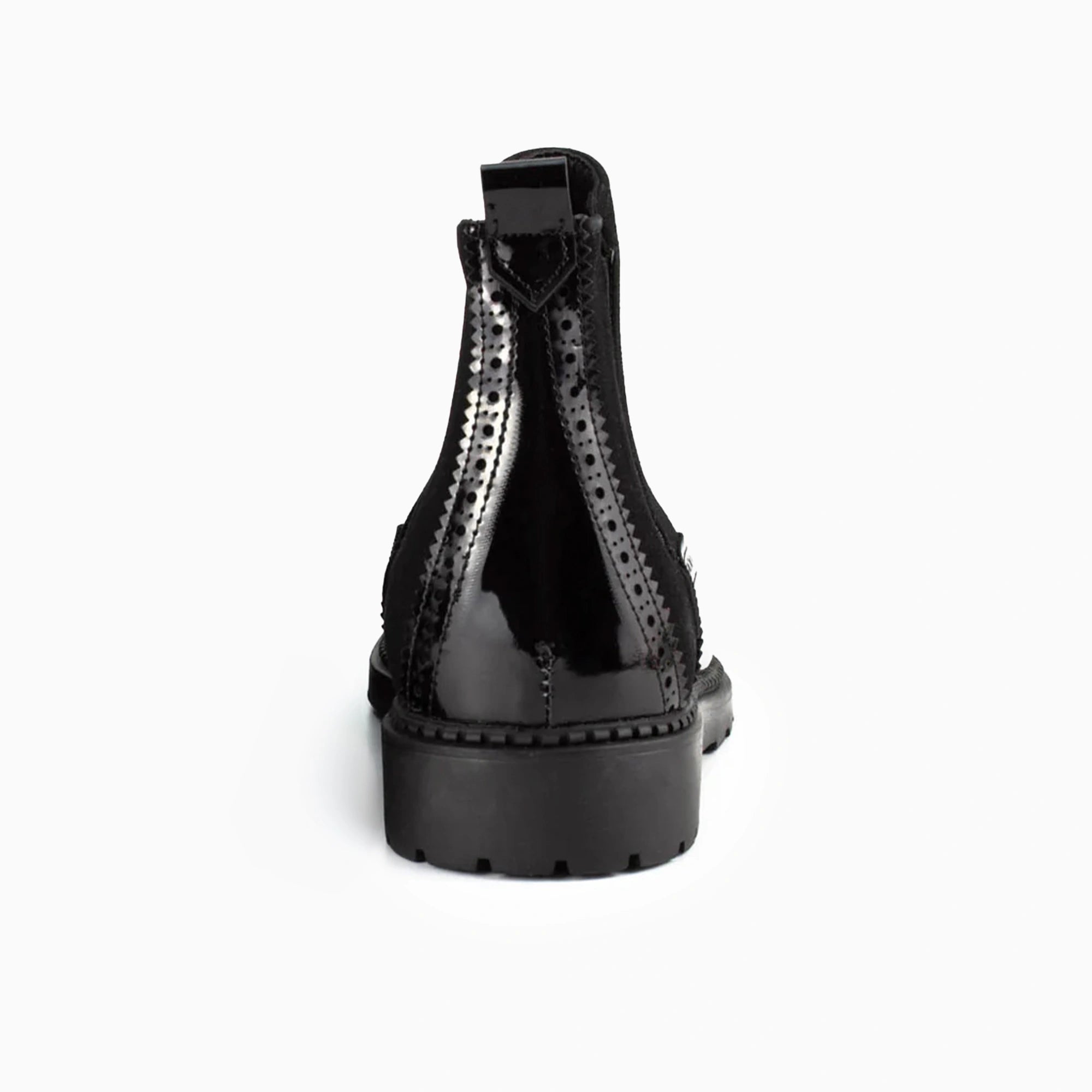 Plutus Black Patent & Suede Chelsea Boots — three-quarter view | Scarpetto