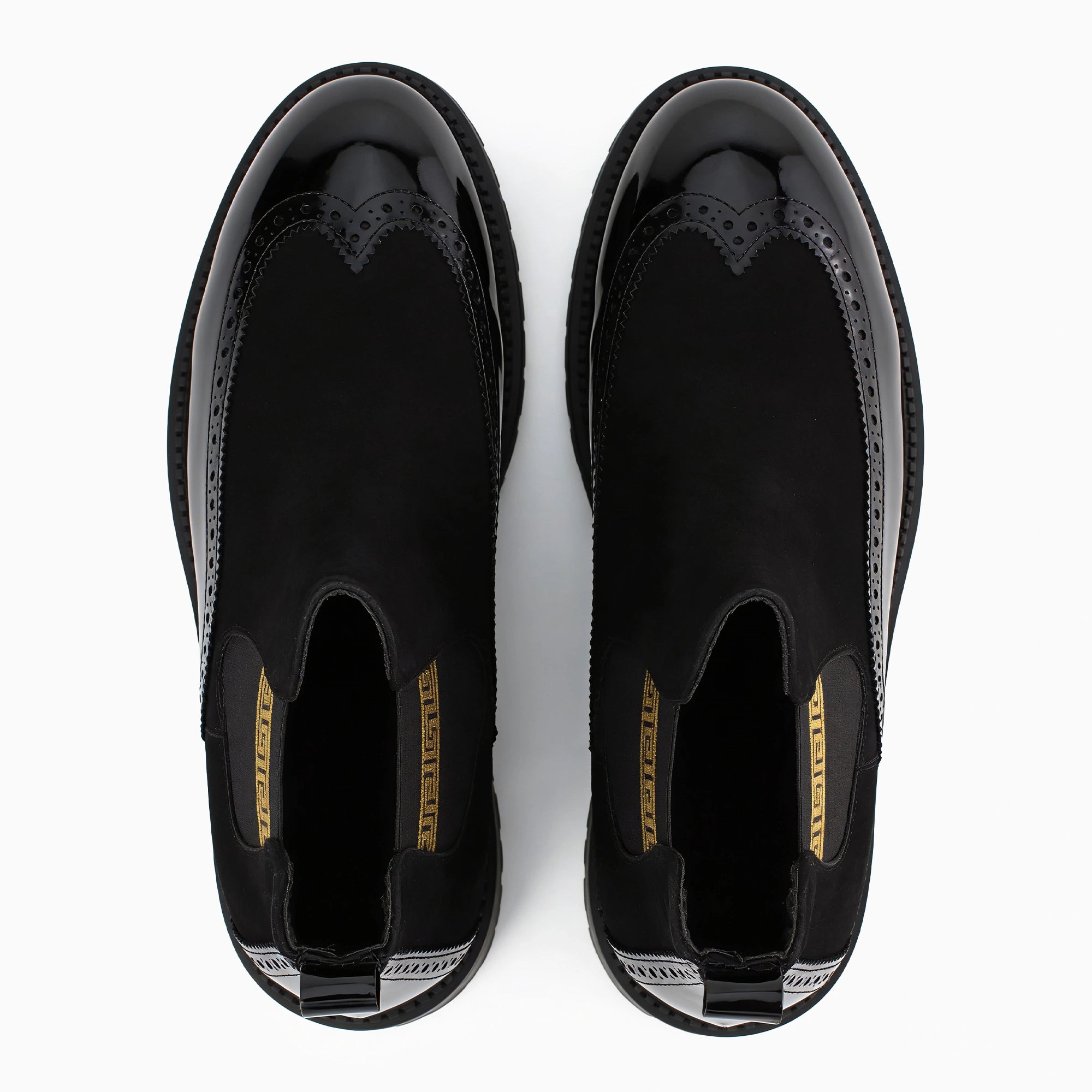 Plutus Black Patent & Suede Chelsea Boots — top view | Scarpetto