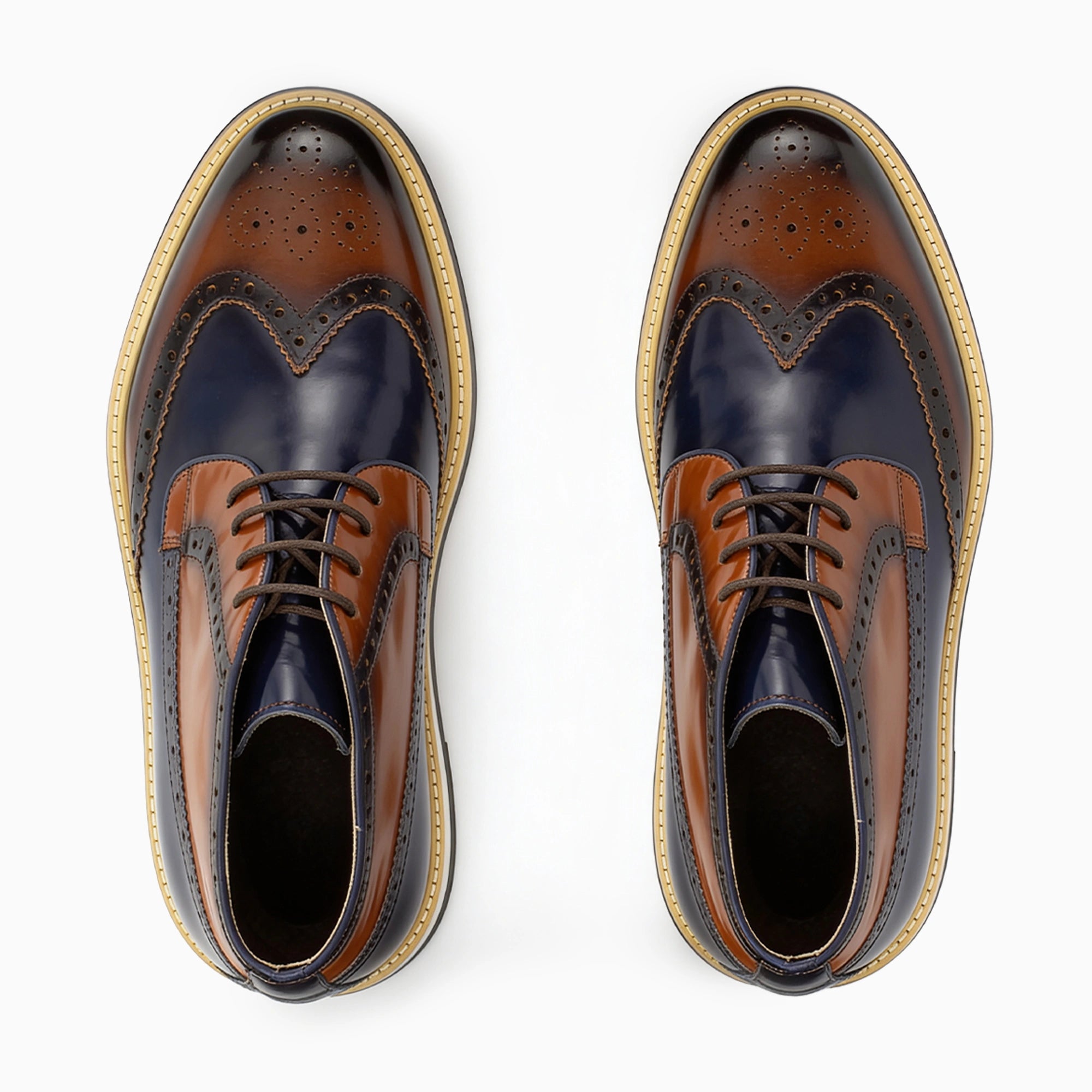 Carlo Split Brown-Navy Wingtip Chukka Boots — top view | Scarpetto