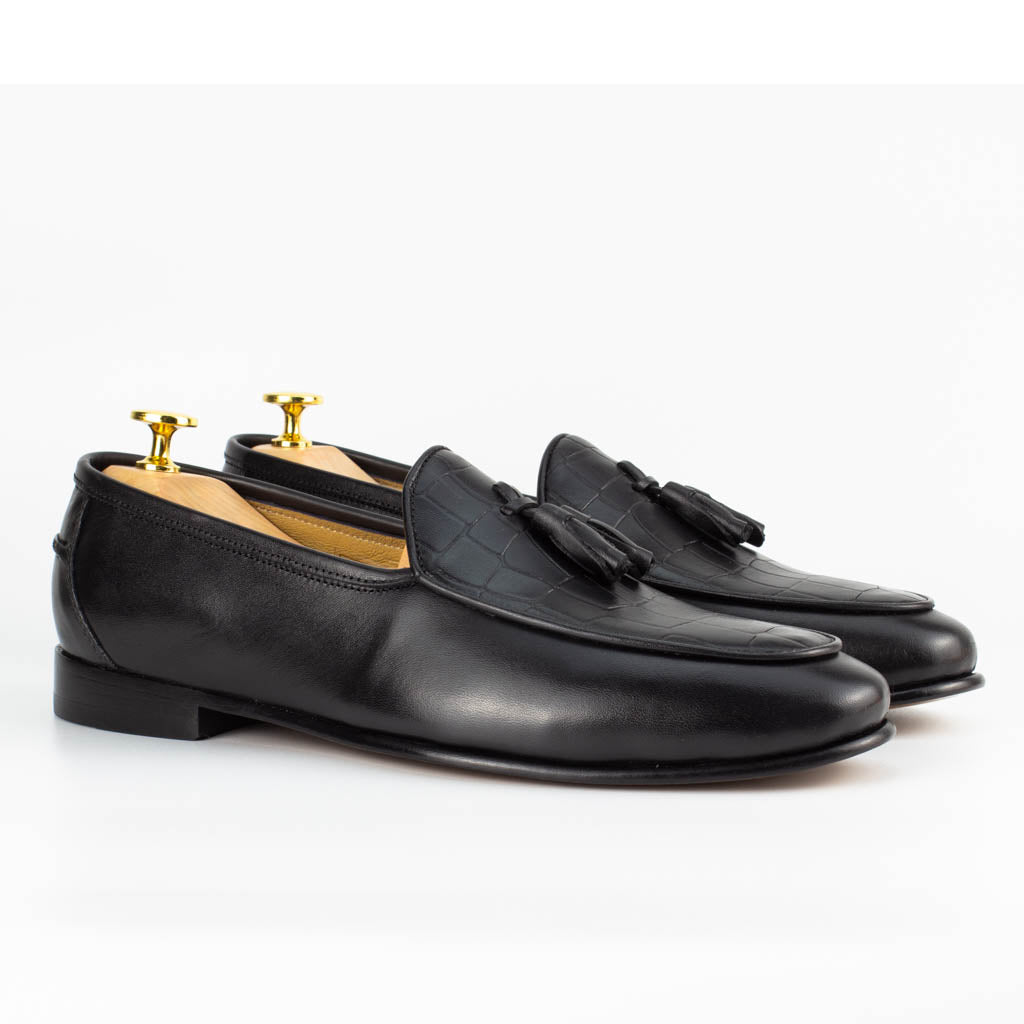 Frangiato Croco Black Men's Genuine Leather Loafers - Leather Sole