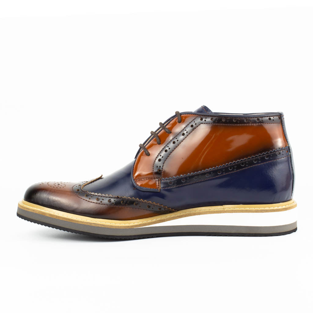 Carlo Brown-Navy Blue Men's Genuine Leather Wingtip Lace-Up Chukka Boots