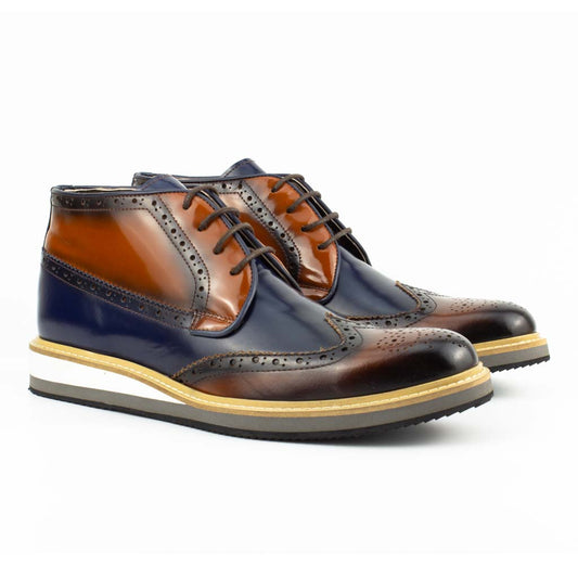 Carlo Brown-Navy Blue Men's Genuine Leather Wingtip Lace-Up Chukka Boots