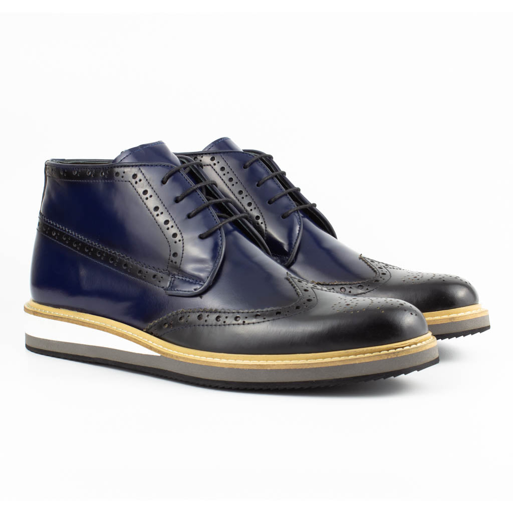 Carlo Navy Blue Men's Genuine Leather Wingtip Lace-Up Chukka Boots
