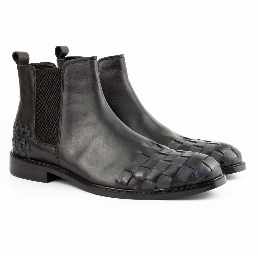 Intreccio Woven Leather Men's Chelsea Boots in — three-quarter view | Scarpetto