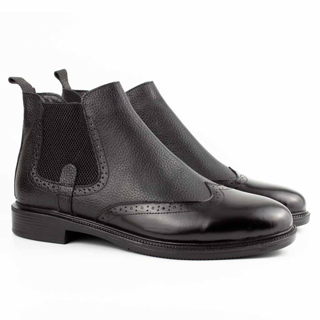 Rosso Black Men's Genuine Leather Wingtip Ankle Boots