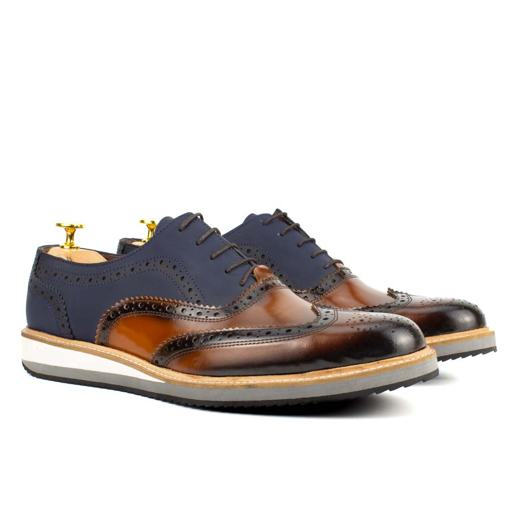 Zoppo Brown-Navy Men's Wingtip Leather Oxford Dress Shoes