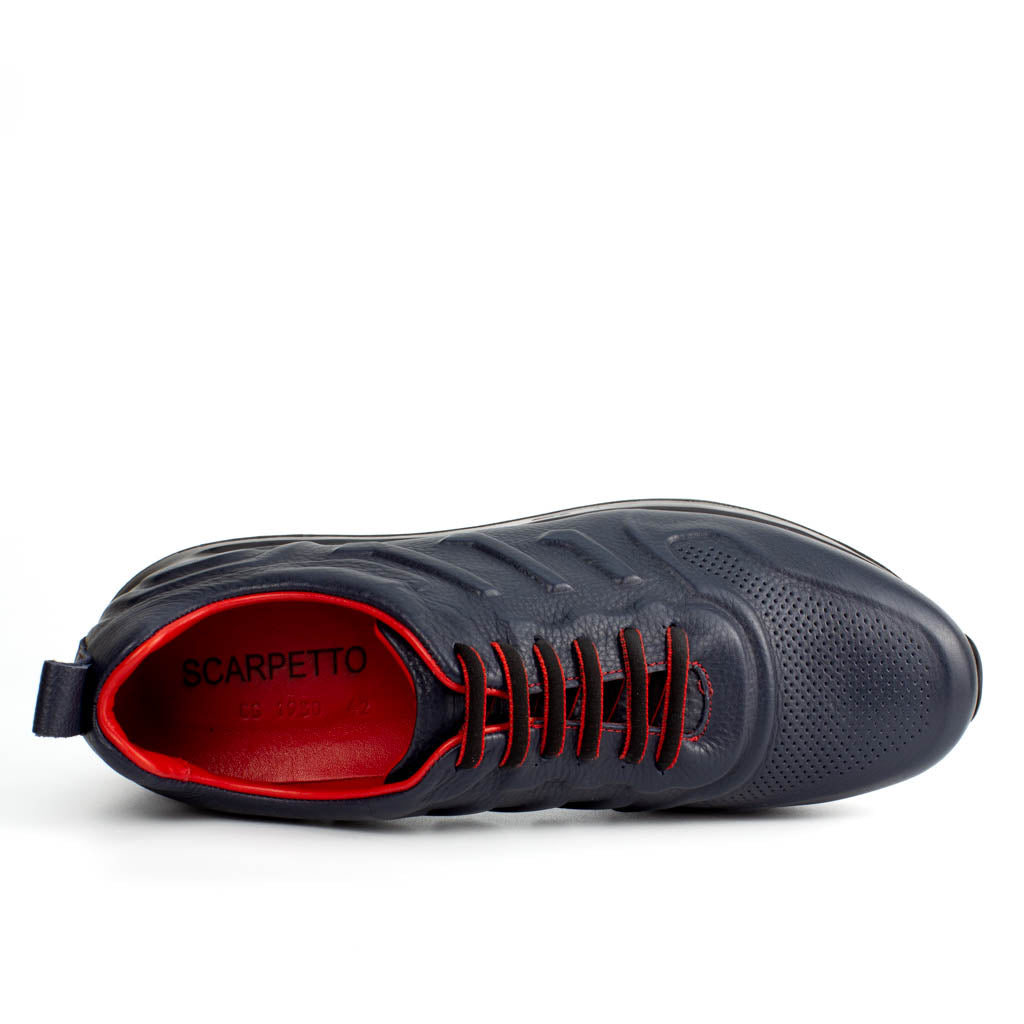 Dark Blue Leather Sneakers with Red Details | Platform High Sole