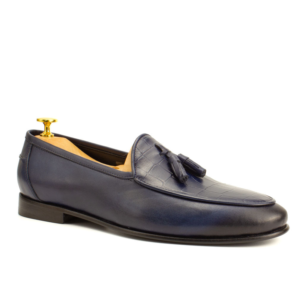 Frangiato Croco Navy Tassel Men's Loafer — front view | Scarpetto