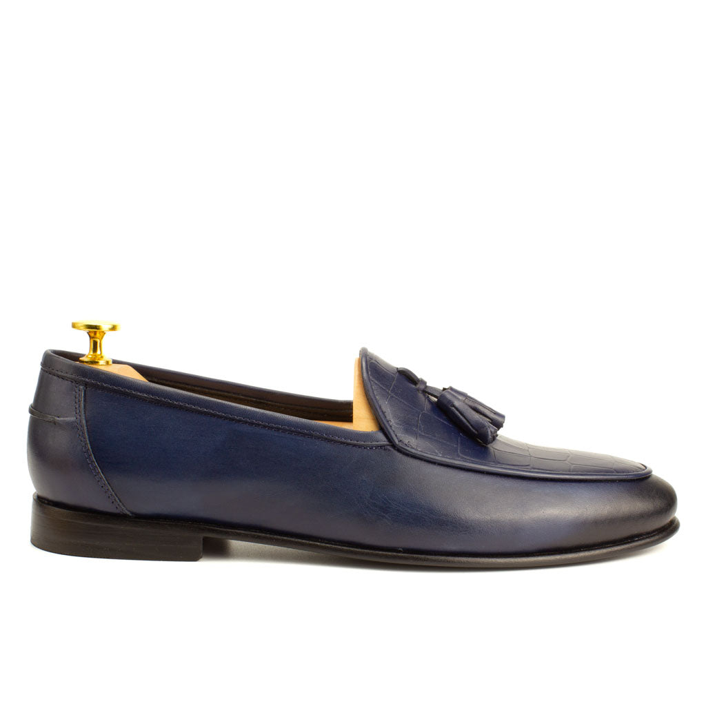 Frangiato Croco Navy Tassel Men's Loafer — heel detail | Scarpetto