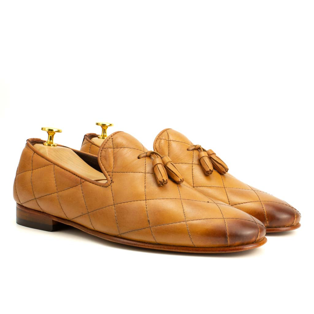 Premium Quilted Leather Tassel Loafers in Brown