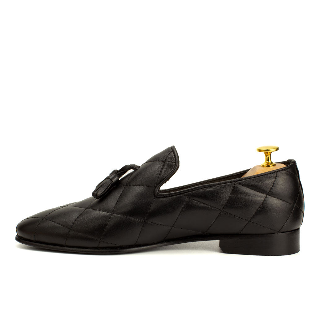 Premium Quilted Leather Tassel Loafers - Black