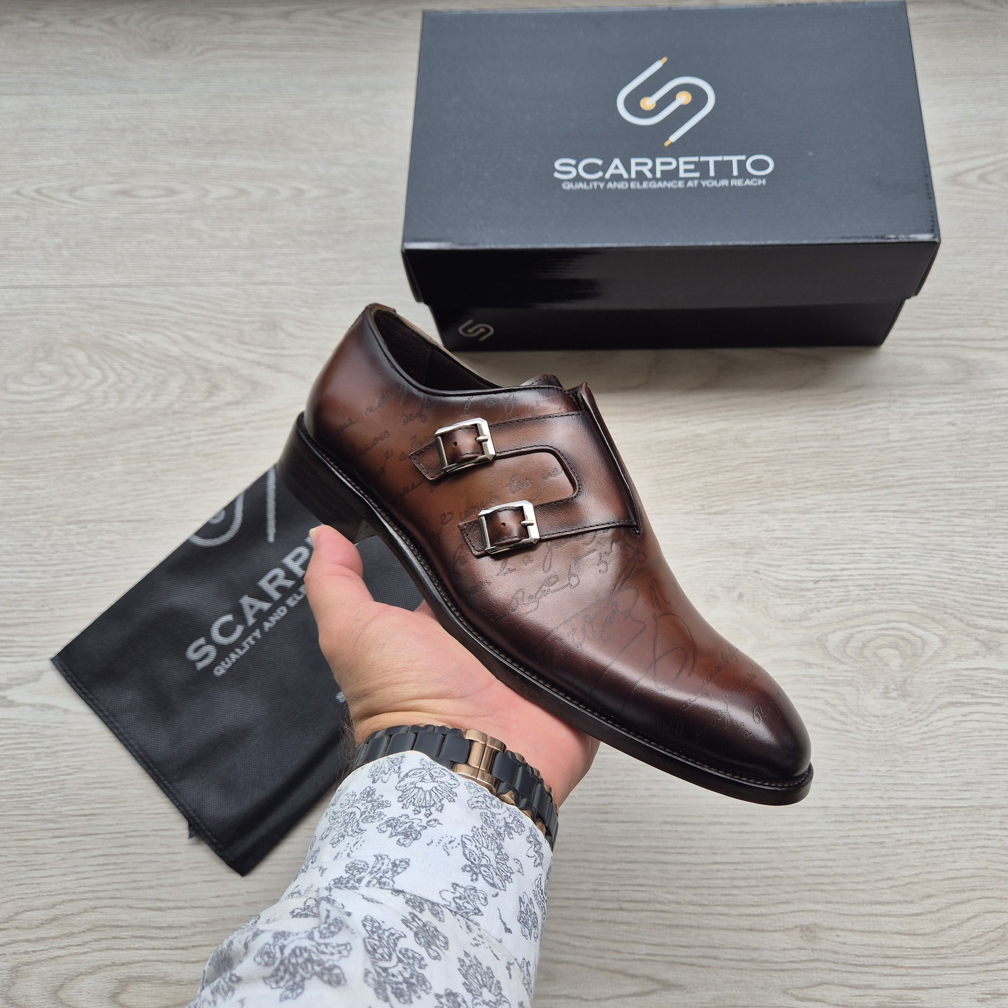 Alessandro Scritto Cognac Hand-Painted Double Monk Strap side view
