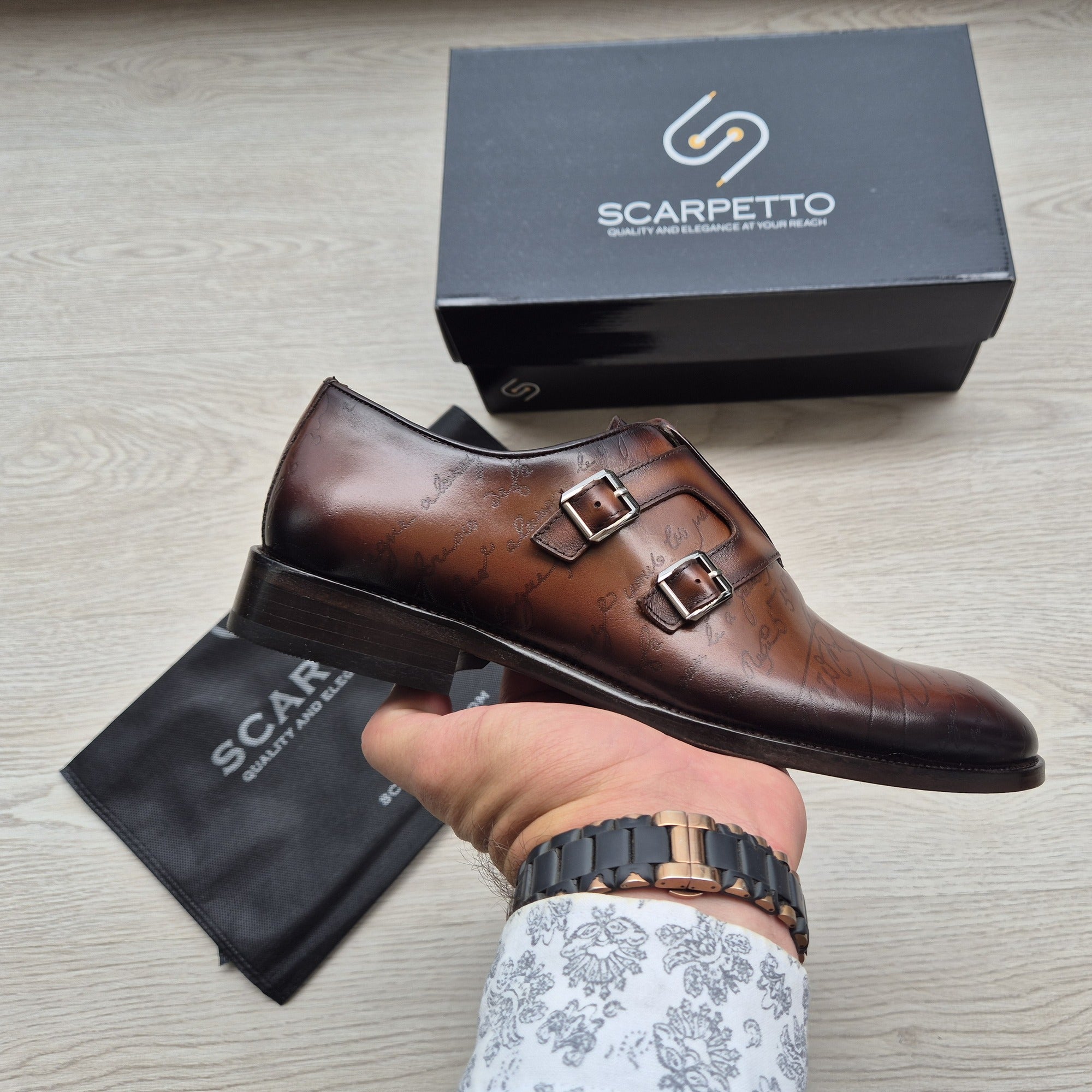 Alessandro Scritto Cognac Hand-Painted Double Monk Strap sole detail