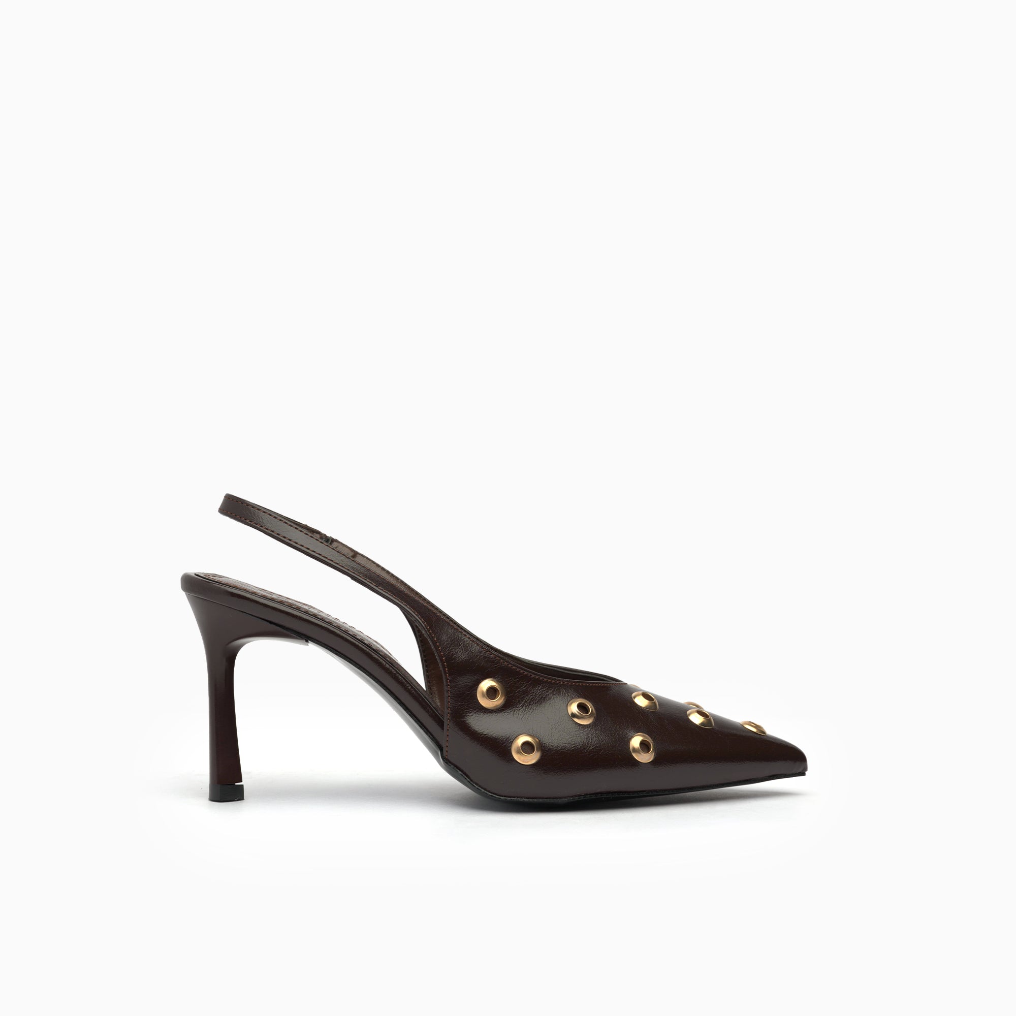 Aurelia Espresso Brown Grommet-Studded Pointed Slingback Pump — side view | Scarpetto