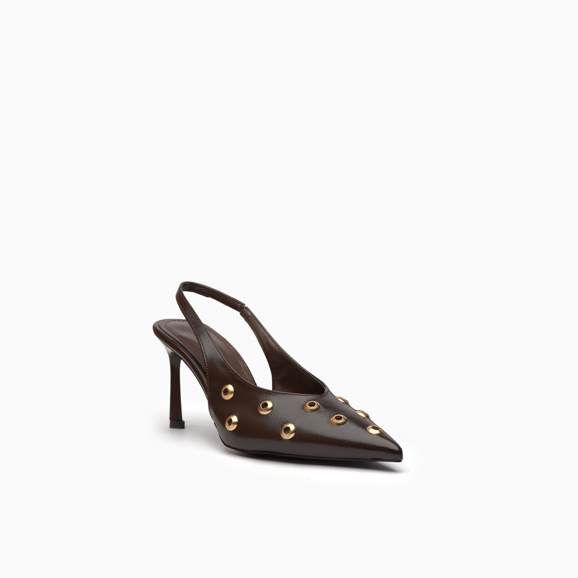 Aurelia Espresso Brown Grommet-Studded Pointed Slingback Pump — three-quarter view | Scarpetto